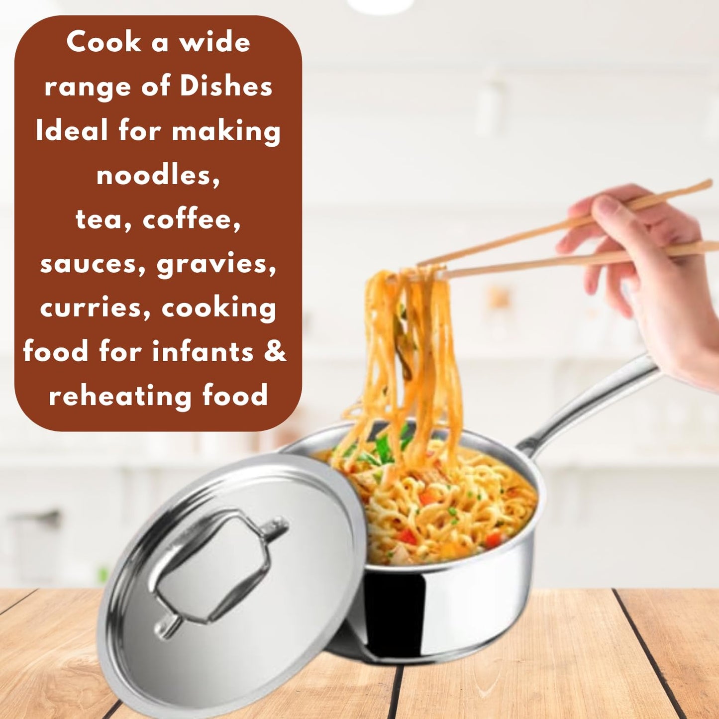 Vinod Platinum Triply Stainless Steel Saucepan with Lid | 2.5 mm Thick | Tea, Chai Pan | 5 Year Warranty | Induction & Gas Friendly, Heavy Bottom - Silver