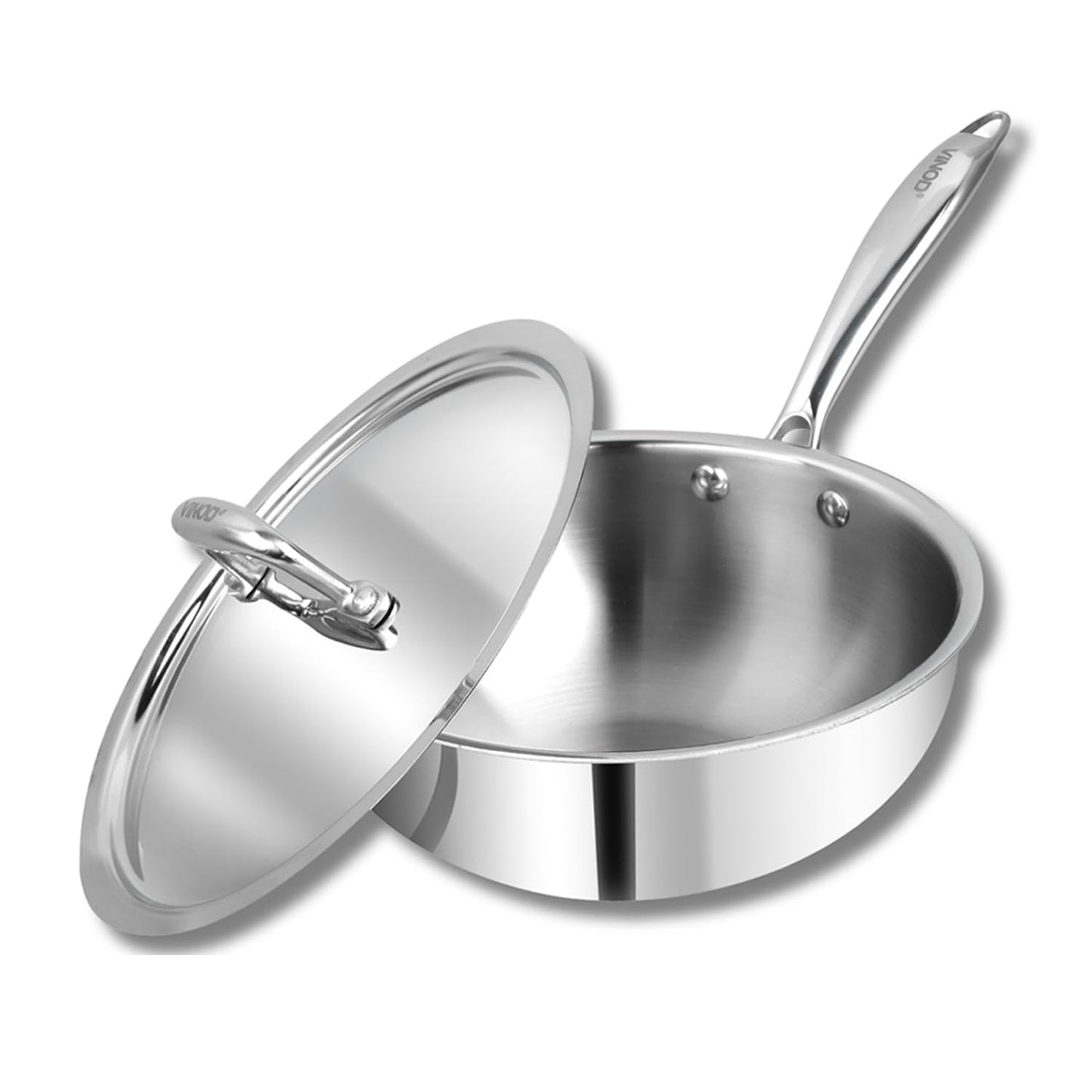 Vinod Platinum Triply Stainless Steel Frypan| Deep Skillet Pan with Lid | Rivetted Study Handle | Induction & Gas Base - Silver