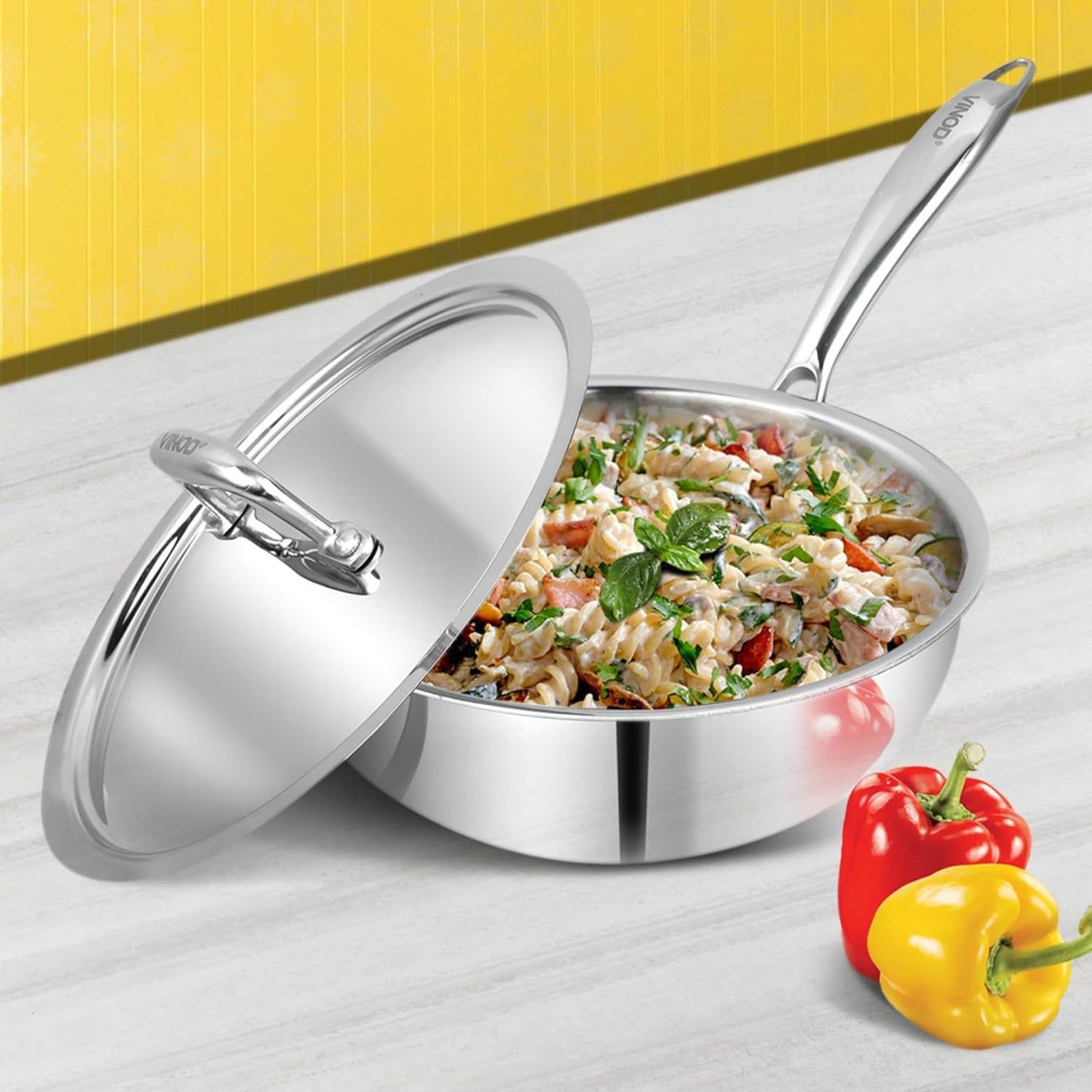 Vinod Platinum Triply Stainless Steel Frypan| Deep Skillet Pan with Lid | Rivetted Study Handle | Induction & Gas Base - Silver