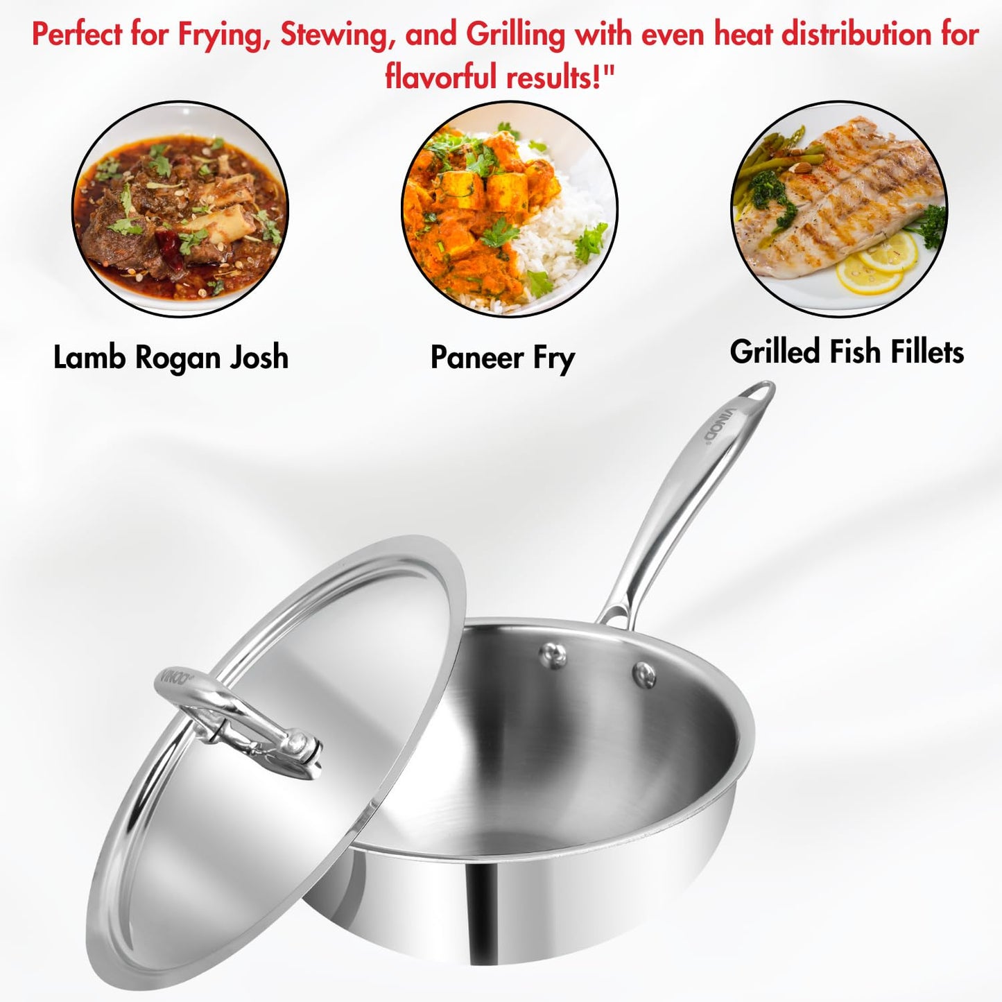 Vinod Platinum Triply Stainless Steel Frypan| Deep Skillet Pan with Lid | Rivetted Study Handle | Induction & Gas Base - Silver