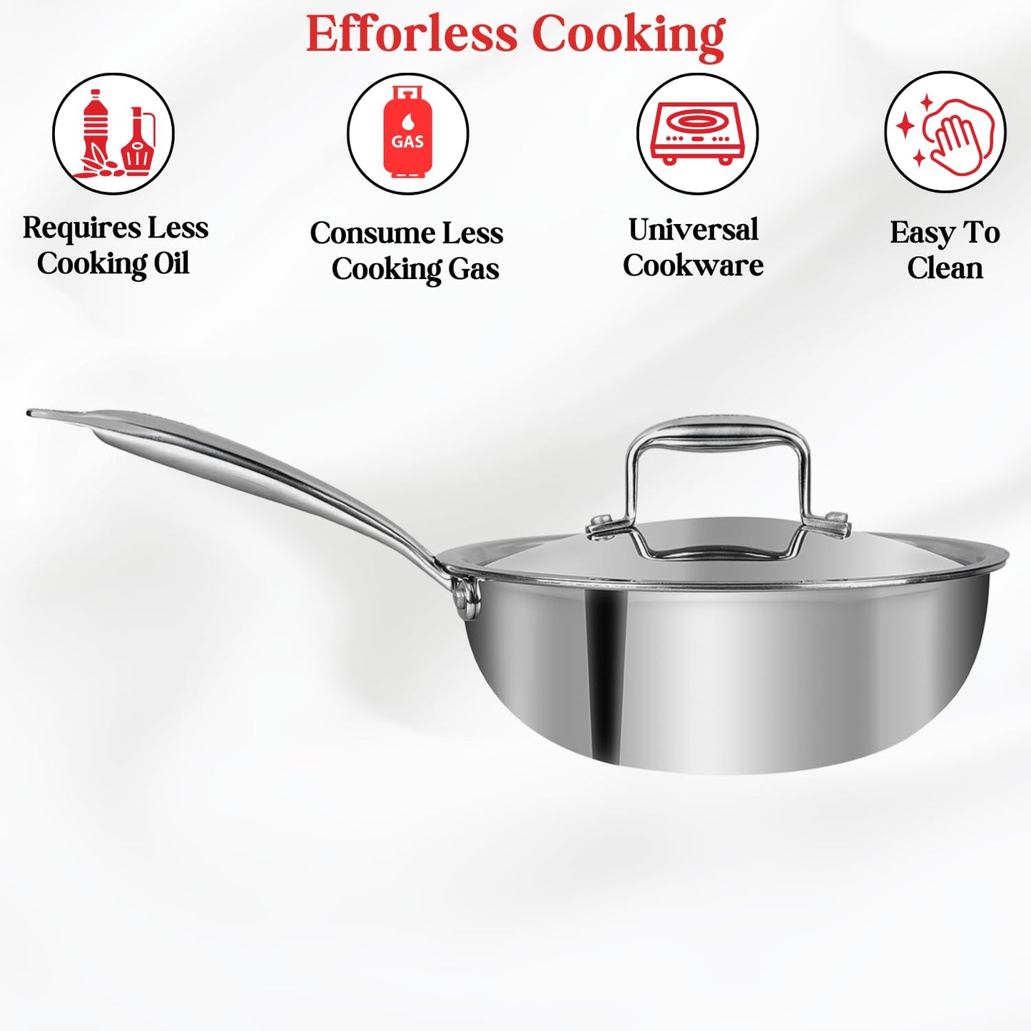 Vinod Platinum Triply Stainless Steel Frypan| Deep Skillet Pan with Lid | Rivetted Study Handle | Induction & Gas Base - Silver