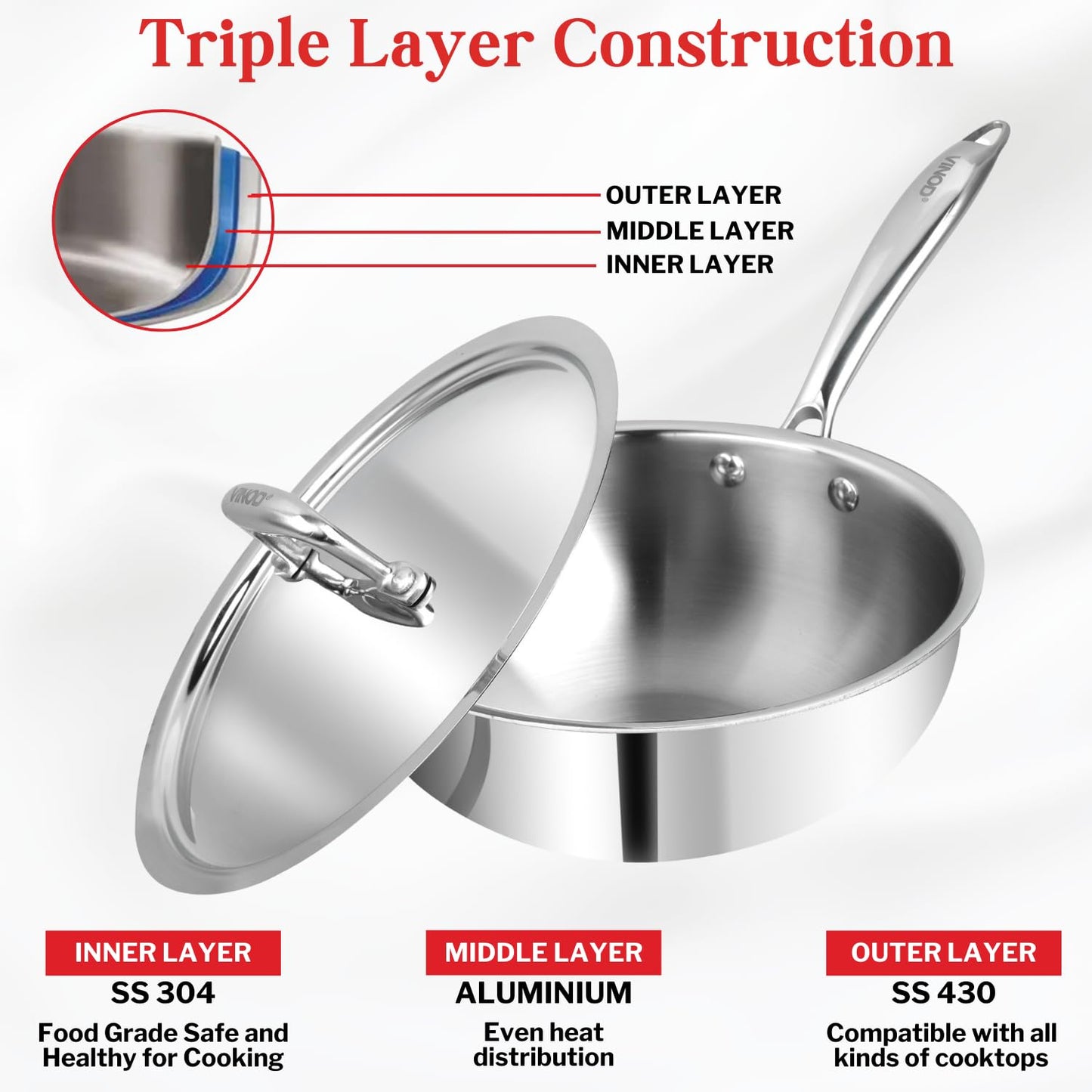 Vinod Platinum Triply Stainless Steel Frypan| Deep Skillet Pan with Lid | Rivetted Study Handle | Induction & Gas Base - Silver