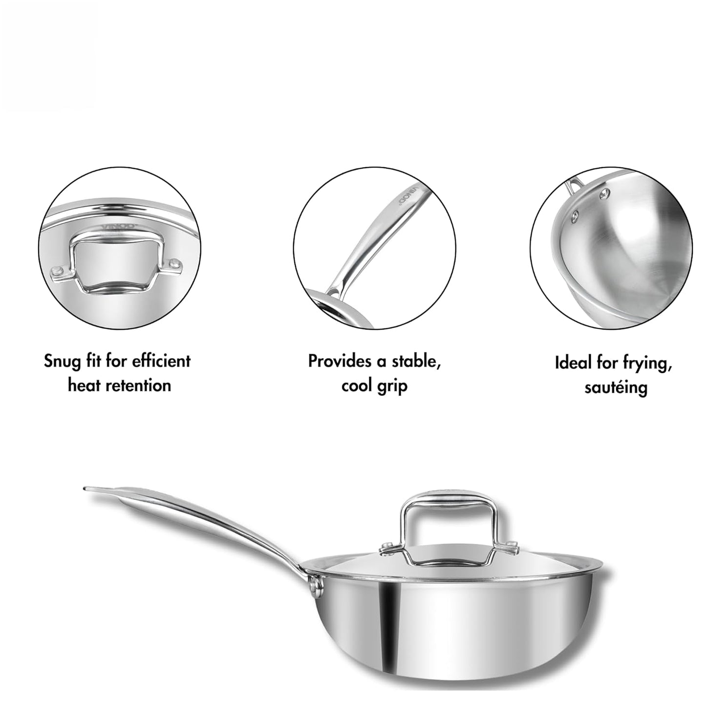 Vinod Platinum Triply Stainless Steel Frypan| Deep Skillet Pan with Lid | Rivetted Study Handle | Induction & Gas Base - Silver