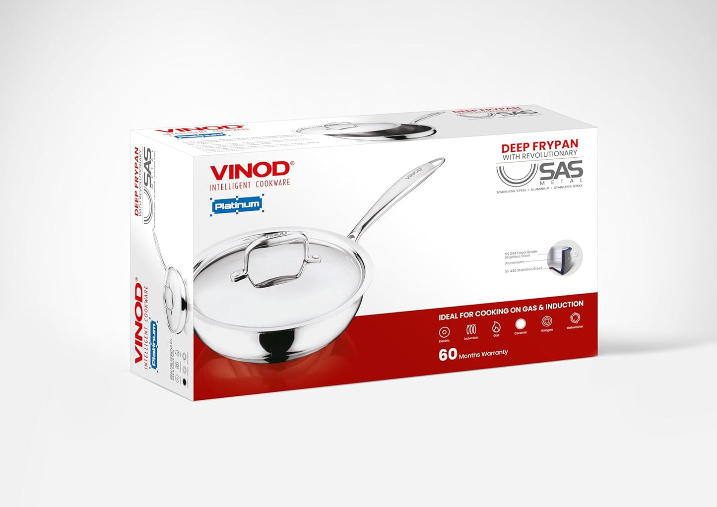 Vinod Platinum Triply Stainless Steel Frypan| Deep Skillet Pan with Lid | Rivetted Study Handle | Induction & Gas Base - Silver