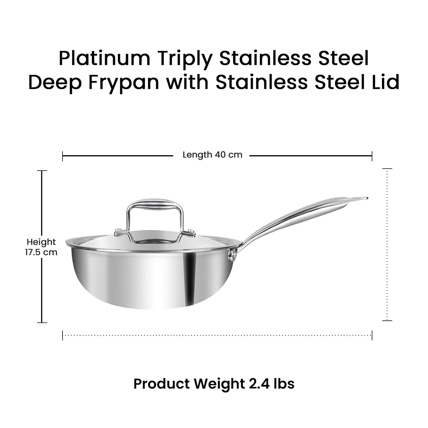 Vinod Platinum Triply Stainless Steel Frypan| Deep Skillet Pan with Lid | Rivetted Study Handle | Induction & Gas Base - Silver