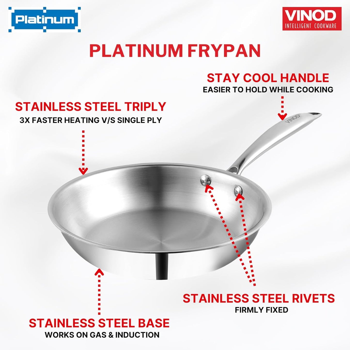 Vinod Platinum Triply Stainless Steel Frypan | 2.5 mm Thick | Steel Pan | Scratch Resistant, Non Toxic | 5 Year Warranty | Induction & Gas Friendly, Heavy Bottom