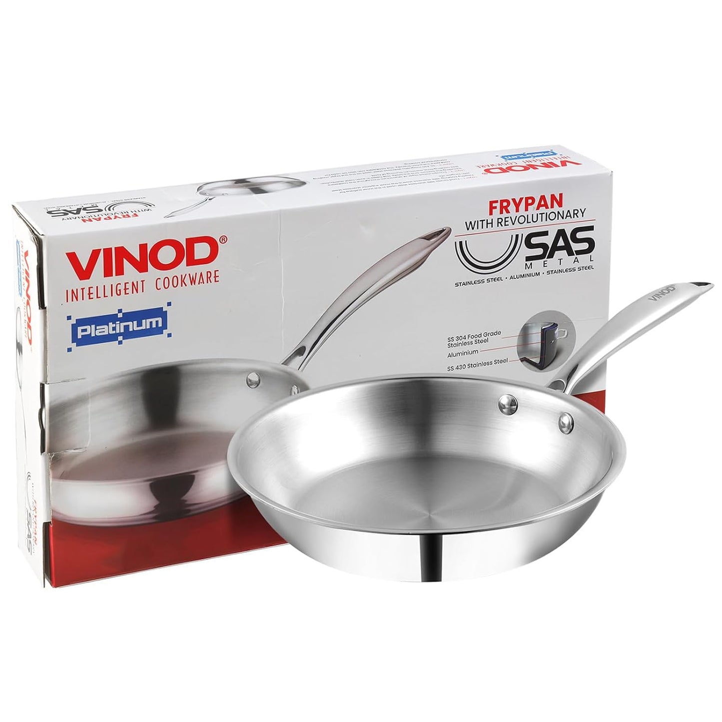 Vinod Platinum Triply Stainless Steel Frypan | 2.5 mm Thick | Steel Pan | Scratch Resistant, Non Toxic | 5 Year Warranty | Induction & Gas Friendly, Heavy Bottom