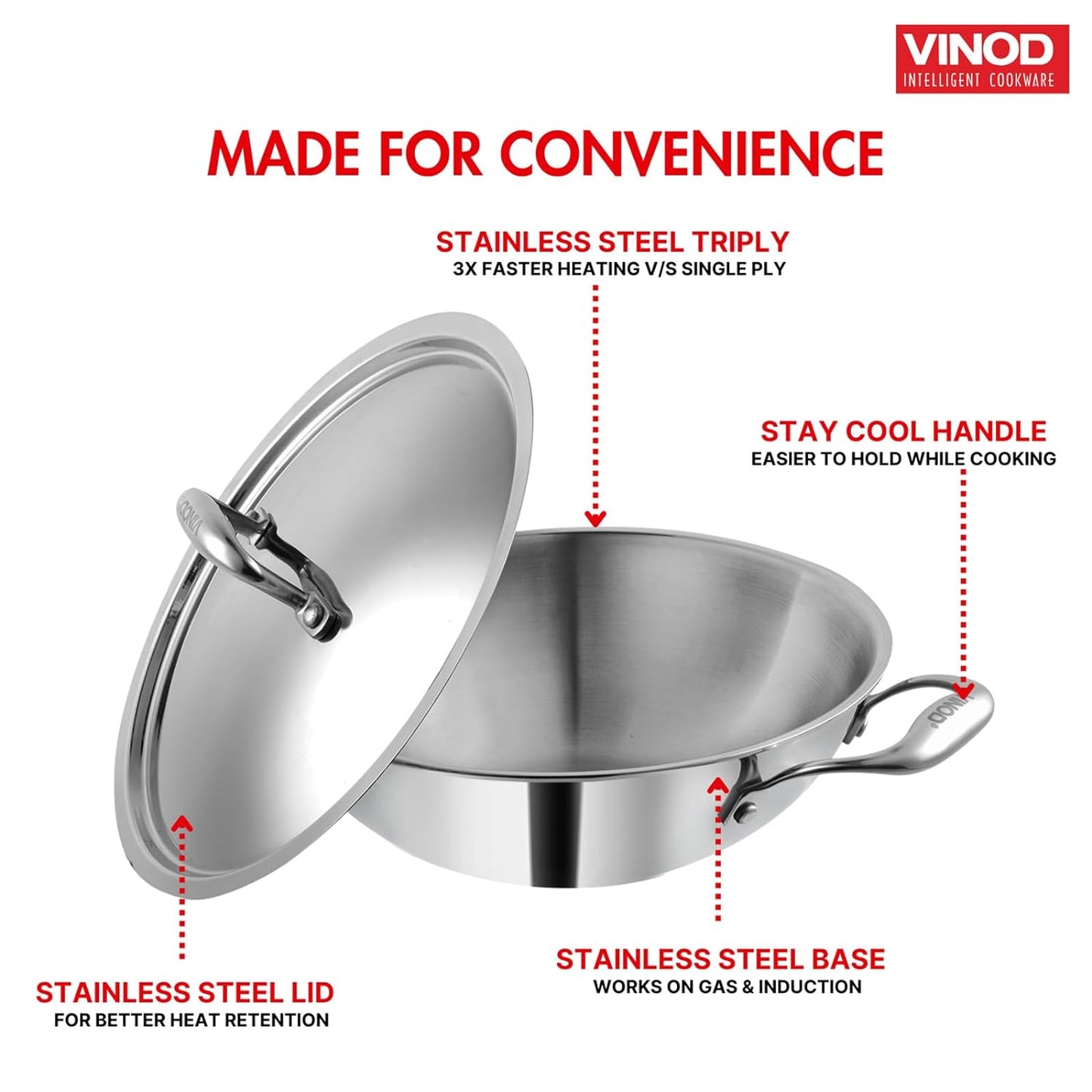 Vinod Platinum Triply Stainless Steel Kadai with Lid | 2.5 mm Thick | Triply Kadai with Heavy Bottom | Induction Friendly Triply Stainless Steel Cookware Kadhai |