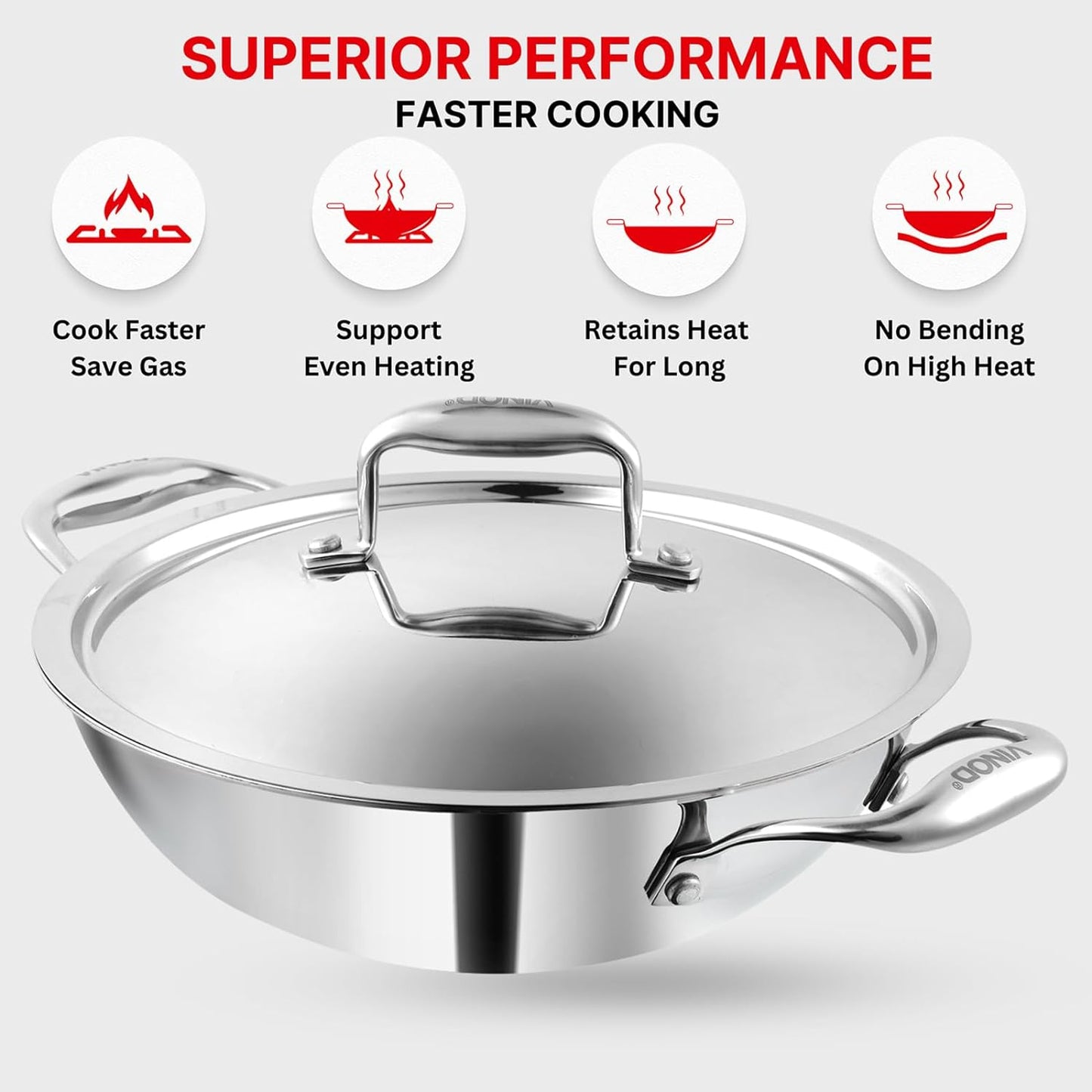 Vinod Platinum Triply Stainless Steel Kadai with Lid | 2.5 mm Thick | Triply Kadai with Heavy Bottom | Induction Friendly Triply Stainless Steel Cookware Kadhai |