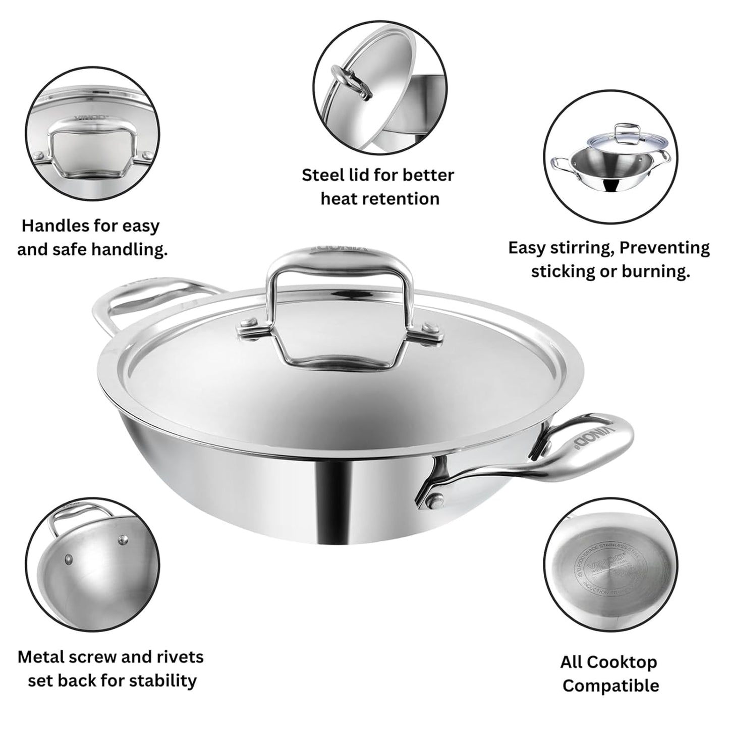 Vinod Platinum Triply Stainless Steel Kadai with Lid | 2.5 mm Thick | Triply Kadai with Heavy Bottom | Induction Friendly Triply Stainless Steel Cookware Kadhai |