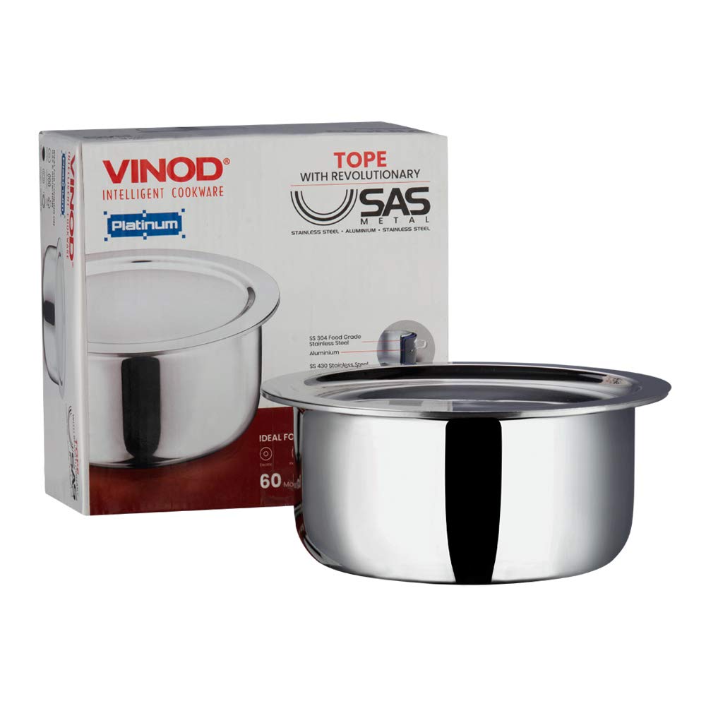 Vinod Platinum Triply Stainless Steel Tope / Patila with Stainless Steel Lid 1 Litre Capacity (14 cm Diameter) - Silver (Induction and Gas Stove Friendly), 5 Years Warranty