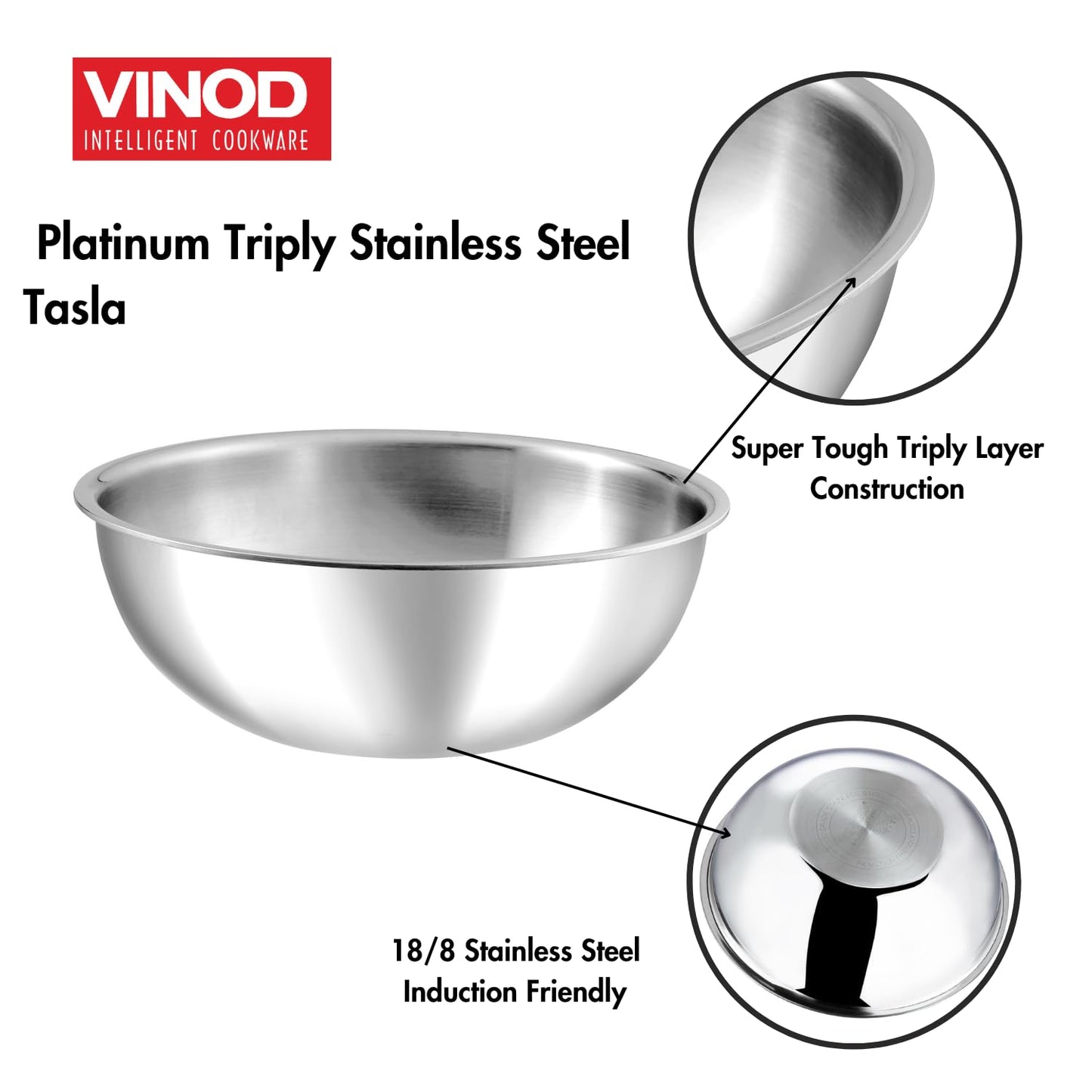 Vinod Platinum Triply Stainless Steel Tasla | 2.5 mm Thick | Steel Tasra Kadai/Kadhai | 5 Year Warranty | Induction & Gas Friendly, Heavy Bottom - Silver