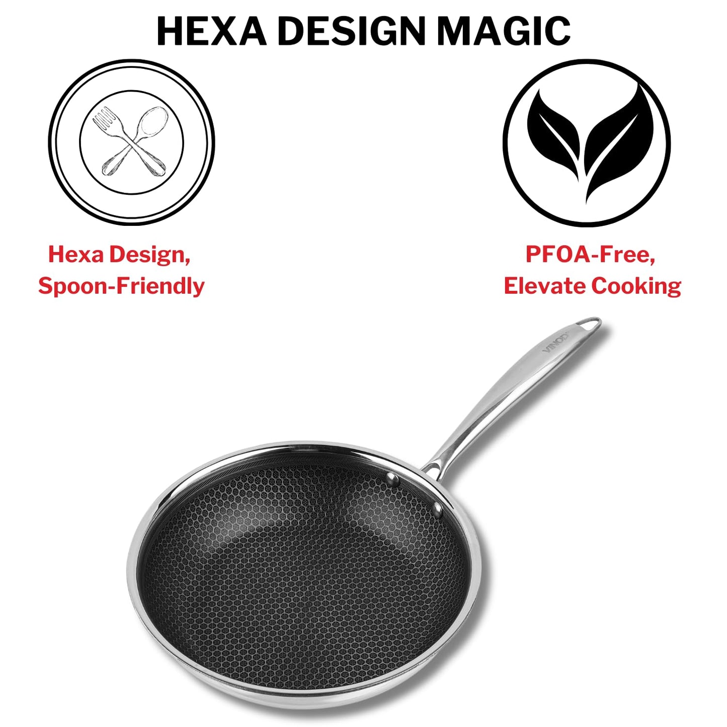 Vinod SAS Pro Platinum Triply Stainless Steel Non Stick Non Stick Frypan | Ceramic Coating | Honeycomb Design | Steel Handle | Induction Base