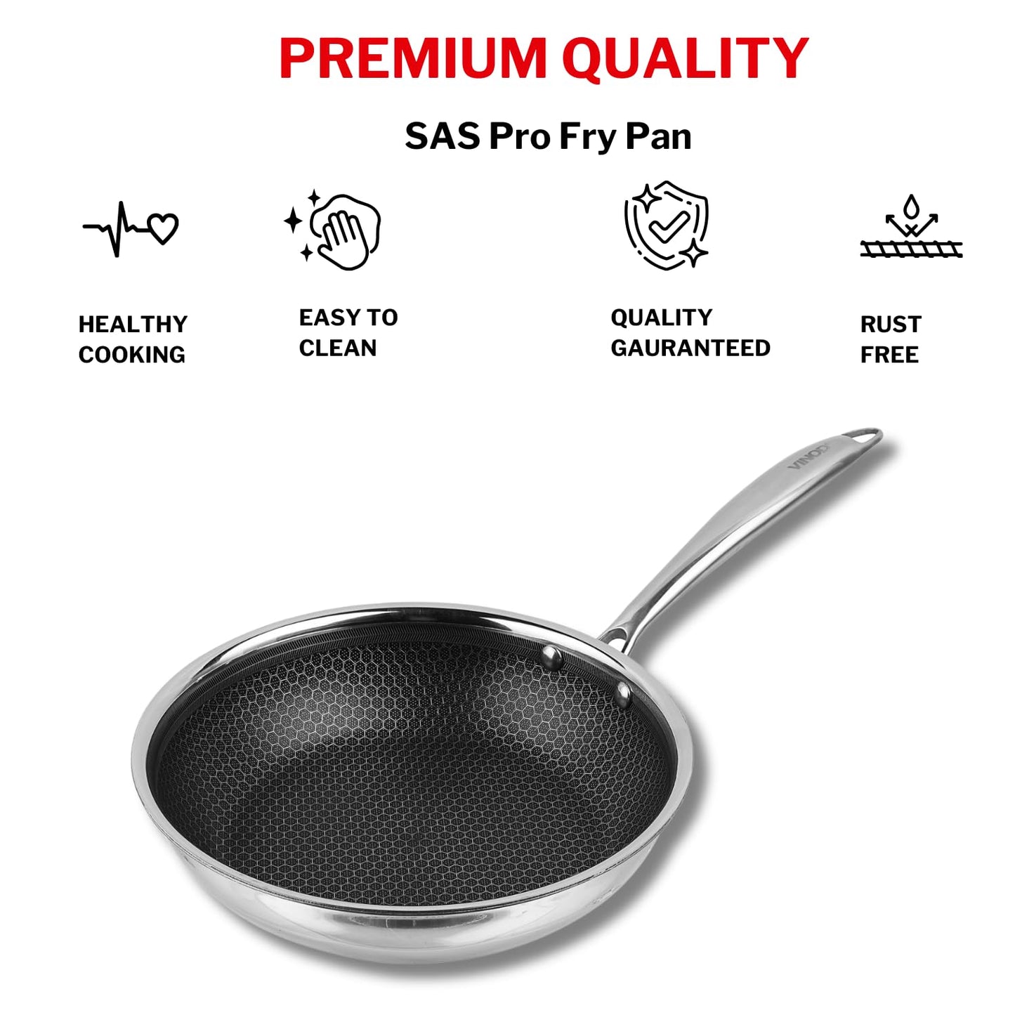 Vinod SAS Pro Platinum Triply Stainless Steel Non Stick Non Stick Frypan | Ceramic Coating | Honeycomb Design | Steel Handle | Induction Base