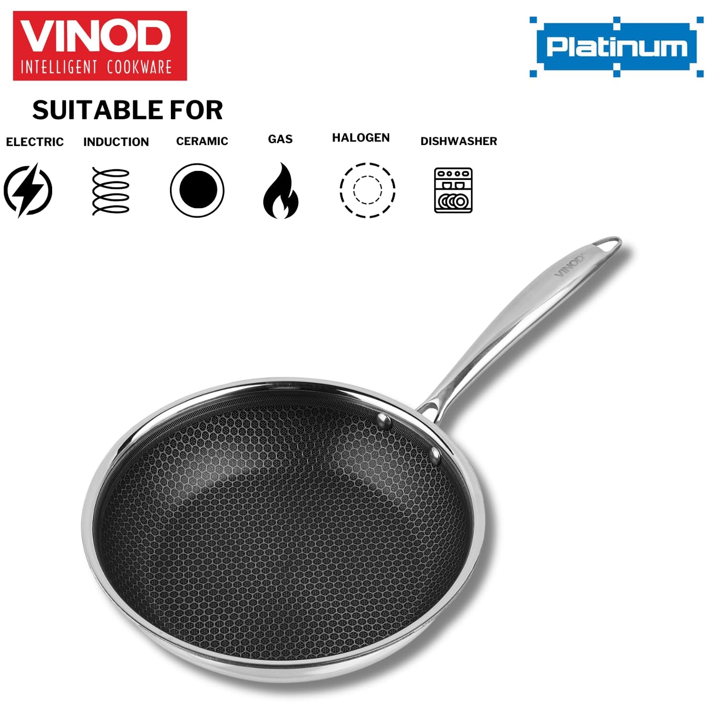 Vinod SAS Pro Platinum Triply Stainless Steel Non Stick Non Stick Frypan | Ceramic Coating | Honeycomb Design | Steel Handle | Induction Base