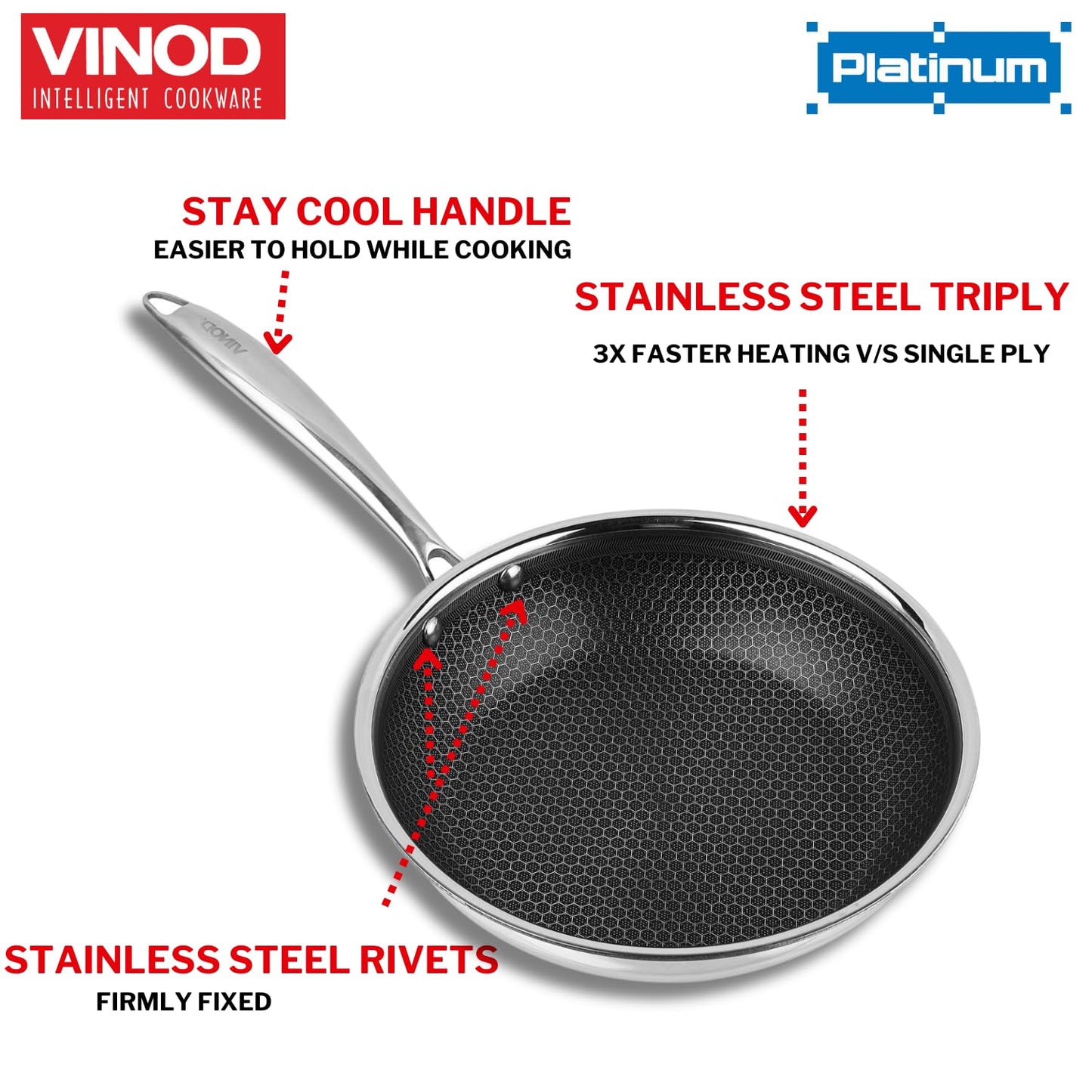 Vinod SAS Pro Platinum Triply Stainless Steel Non Stick Non Stick Frypan | Ceramic Coating | Honeycomb Design | Steel Handle | Induction Base