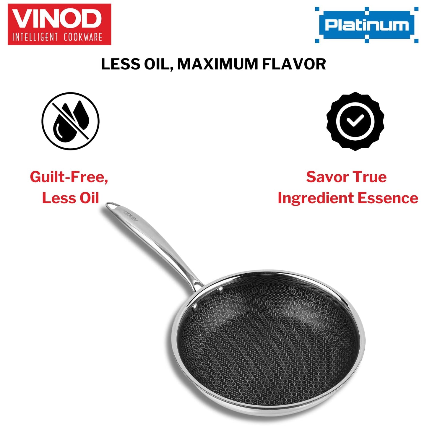 Vinod SAS Pro Platinum Triply Stainless Steel Non Stick Non Stick Frypan | Ceramic Coating | Honeycomb Design | Steel Handle | Induction Base