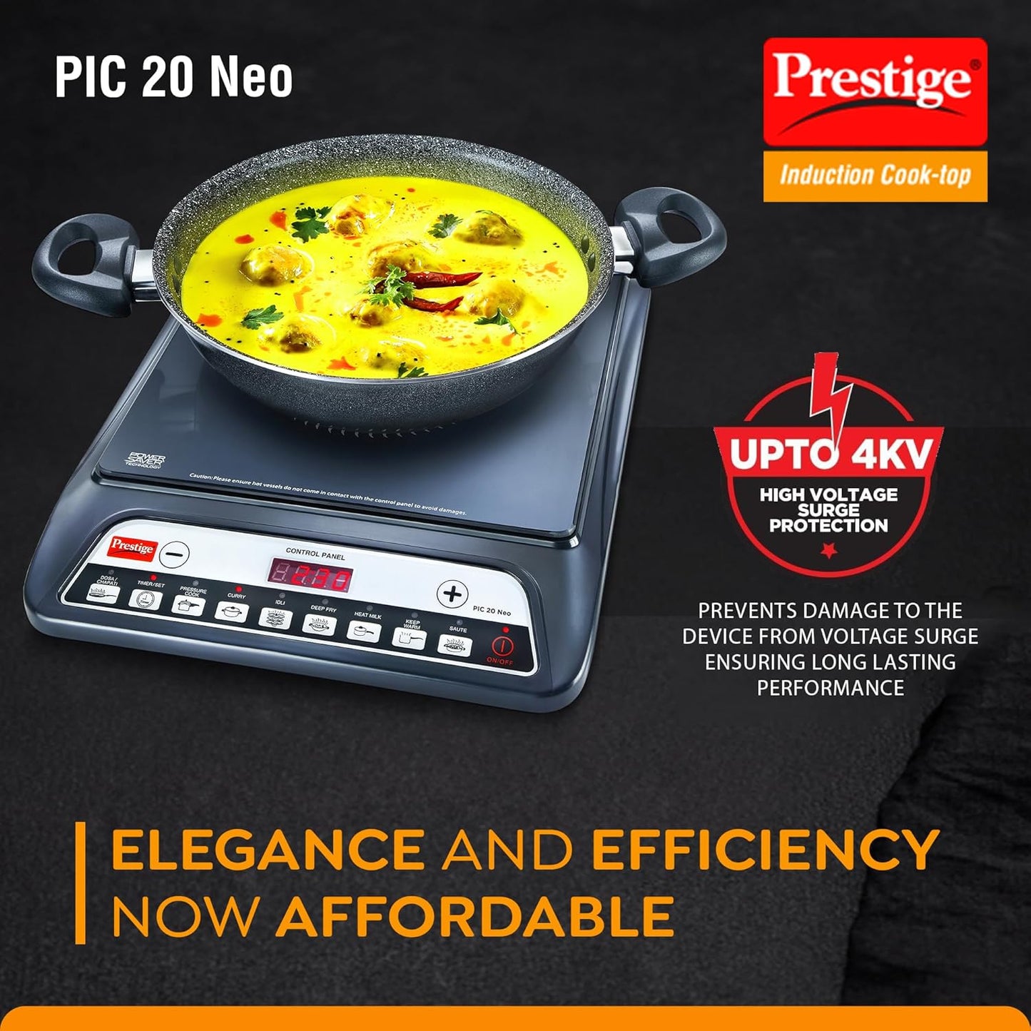 Prestige Pic 20 Neo Induction Cooktop 1600W|Indian Menu Options| Automatic Voltage Regulator| Timer With User Pre-Set, Manual, Black