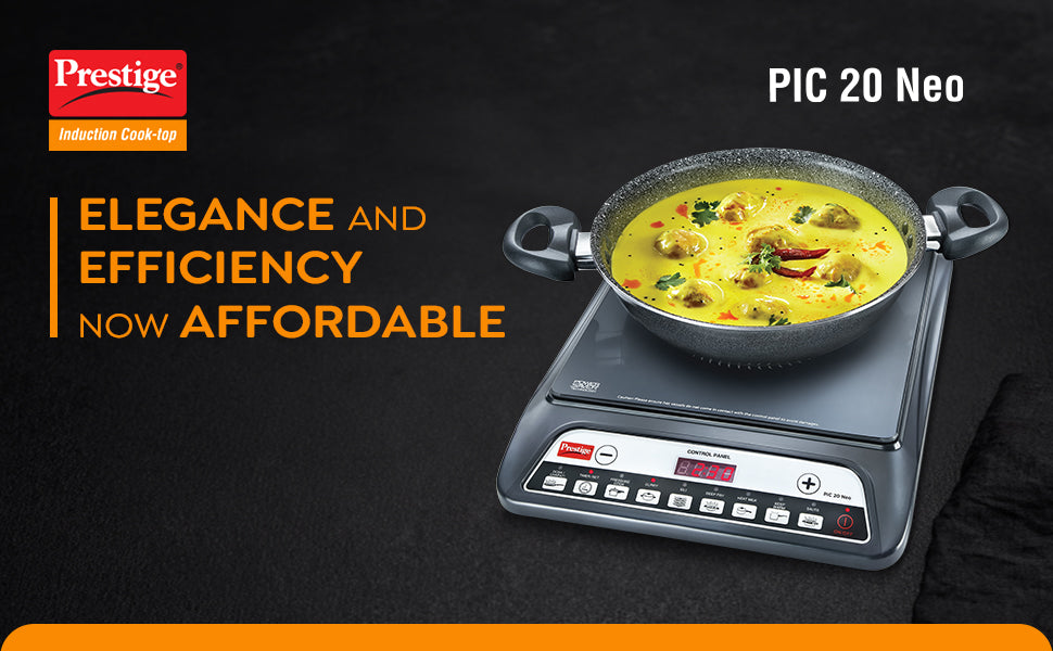 Prestige Pic 20 Neo Induction Cooktop 1600W|Indian Menu Options| Automatic Voltage Regulator| Timer With User Pre-Set, Manual, Black