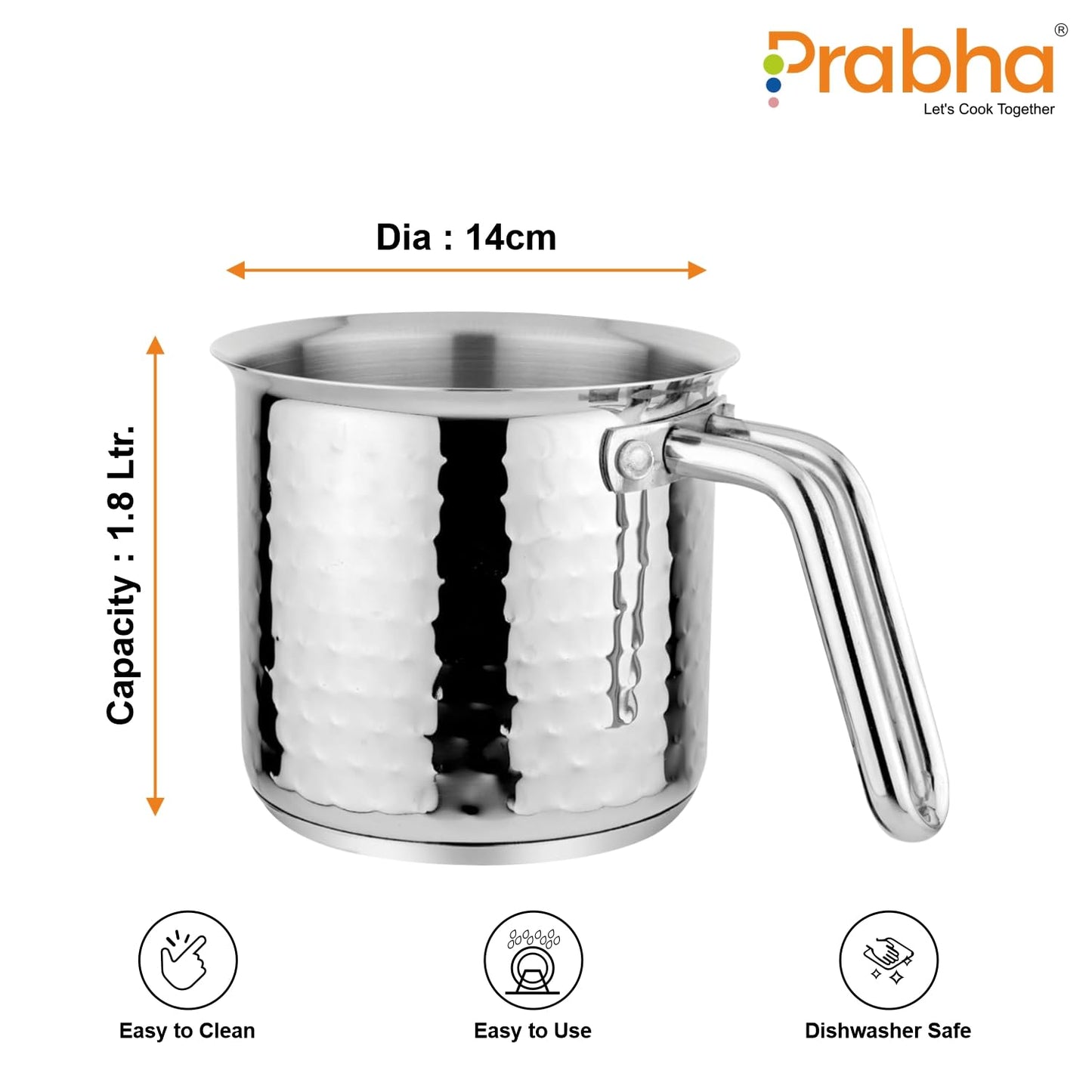 Prabha Heavy Gauge Encapsulated Base Stainless Steel Compatible with Induction & Gas Stove Base Hammered Milk Pot Boiler with Glass Lid, Capacity 1.8 Liter, Size 14 cm, Durable for Long Time