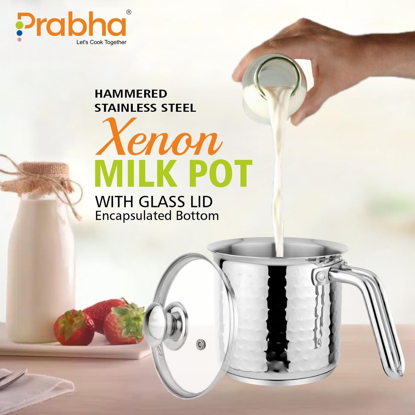 Prabha Heavy Gauge Encapsulated Base Stainless Steel Compatible with Induction & Gas Stove Base Hammered Milk Pot Boiler with Glass Lid, Capacity 1.8 Liter, Size 14 cm, Durable for Long Time