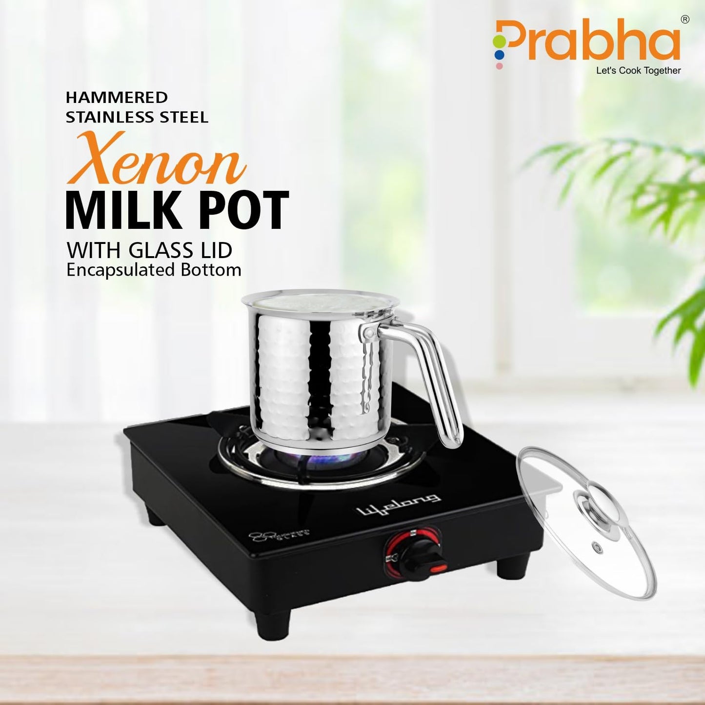 Prabha Heavy Gauge Encapsulated Base Stainless Steel Compatible with Induction & Gas Stove Base Hammered Milk Pot Boiler with Glass Lid, Capacity 1.8 Liter, Size 14 cm, Durable for Long Time
