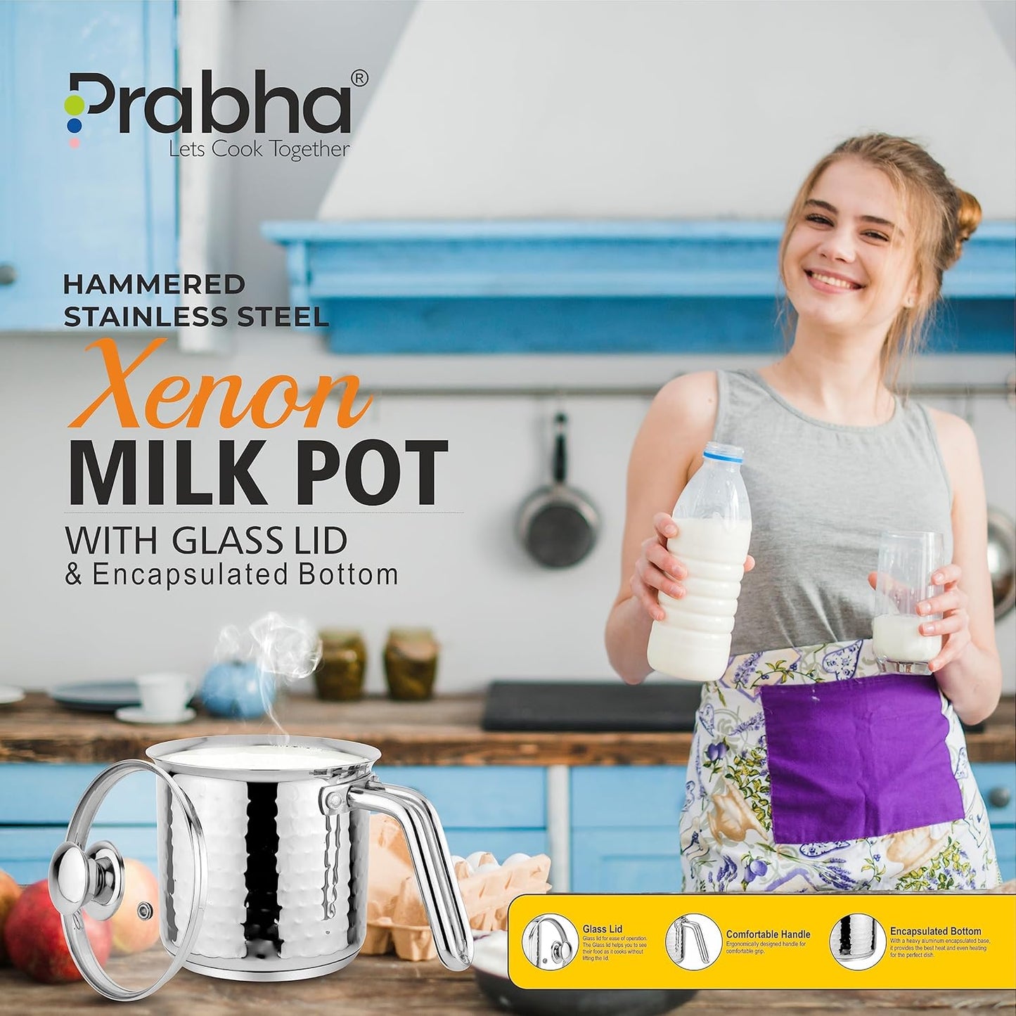 Prabha Heavy Gauge Encapsulated Base Stainless Steel Compatible with Induction & Gas Stove Base Hammered Milk Pot Boiler with Glass Lid, Capacity 1.8 Liter, Size 14 cm, Durable for Long Time