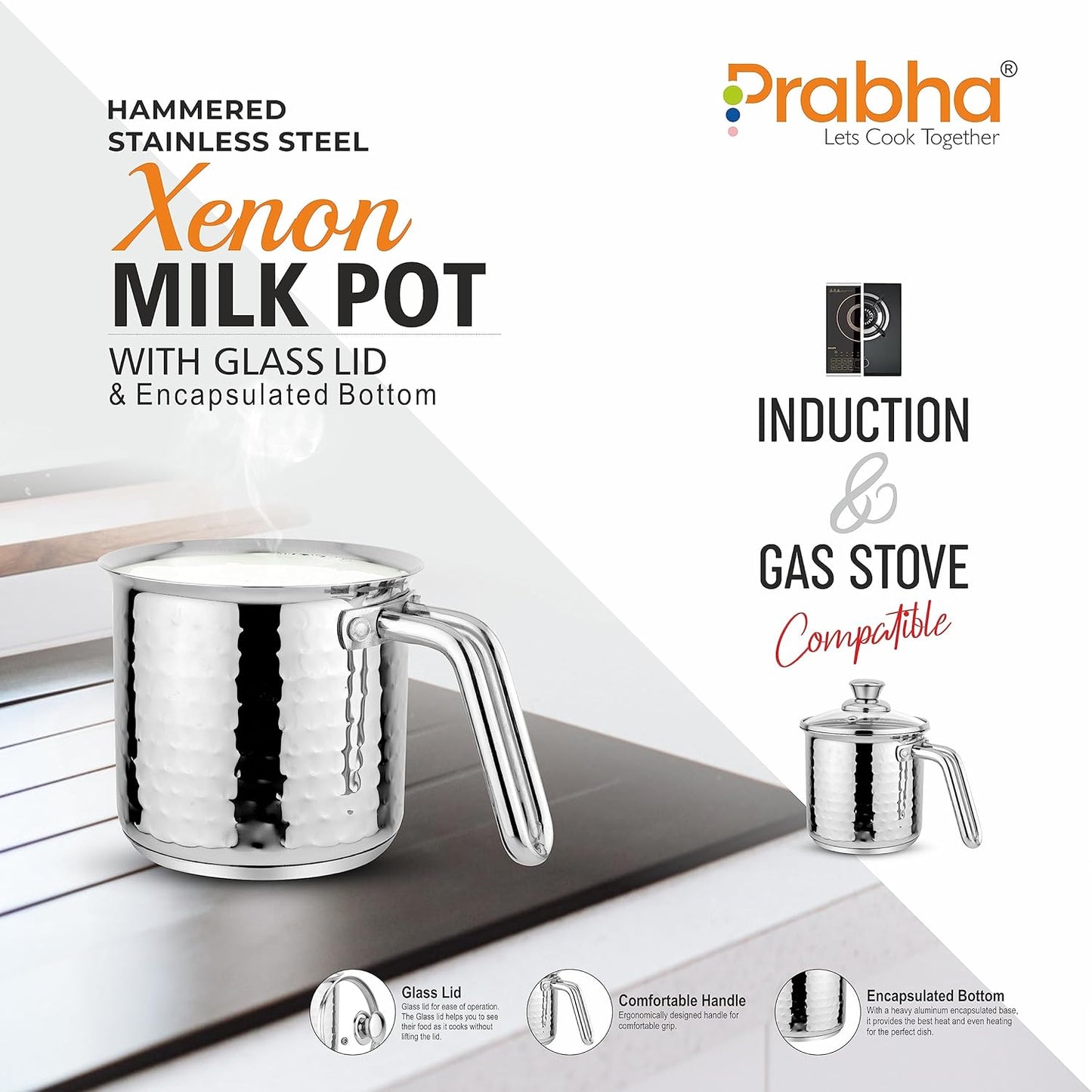 Prabha Heavy Gauge Encapsulated Base Stainless Steel Compatible with Induction & Gas Stove Base Hammered Milk Pot Boiler with Glass Lid, Capacity 1.8 Liter, Size 14 cm, Durable for Long Time