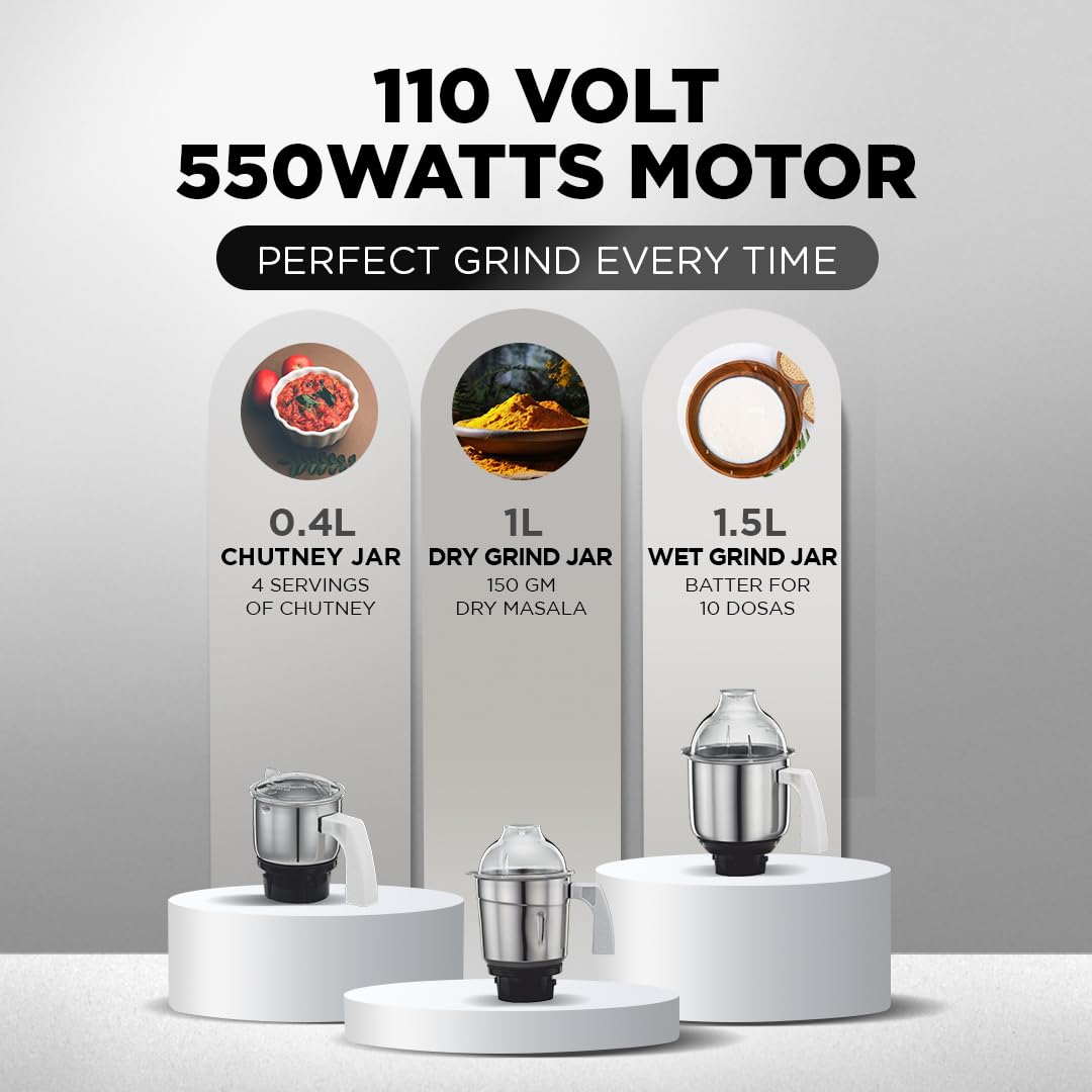 Preethi Eco Plus MG-138 110V, 550 Watt Mixer Grinder with 3 Jars (0.4L Chutney grinding Jar + 1.0L dry grinding Jar + 1.5L Wet grinding Jar, Stainless Steel) with 1 Yrs Motor warranty, White