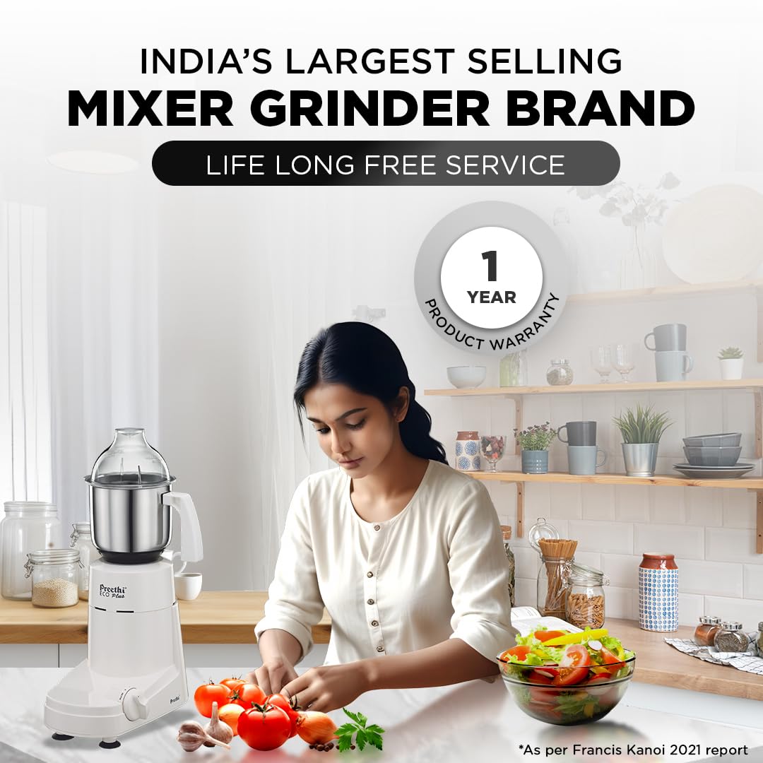Preethi Eco Plus MG-138 110V, 550 Watt Mixer Grinder with 3 Jars (0.4L Chutney grinding Jar + 1.0L dry grinding Jar + 1.5L Wet grinding Jar, Stainless Steel) with 1 Yrs Motor warranty, White