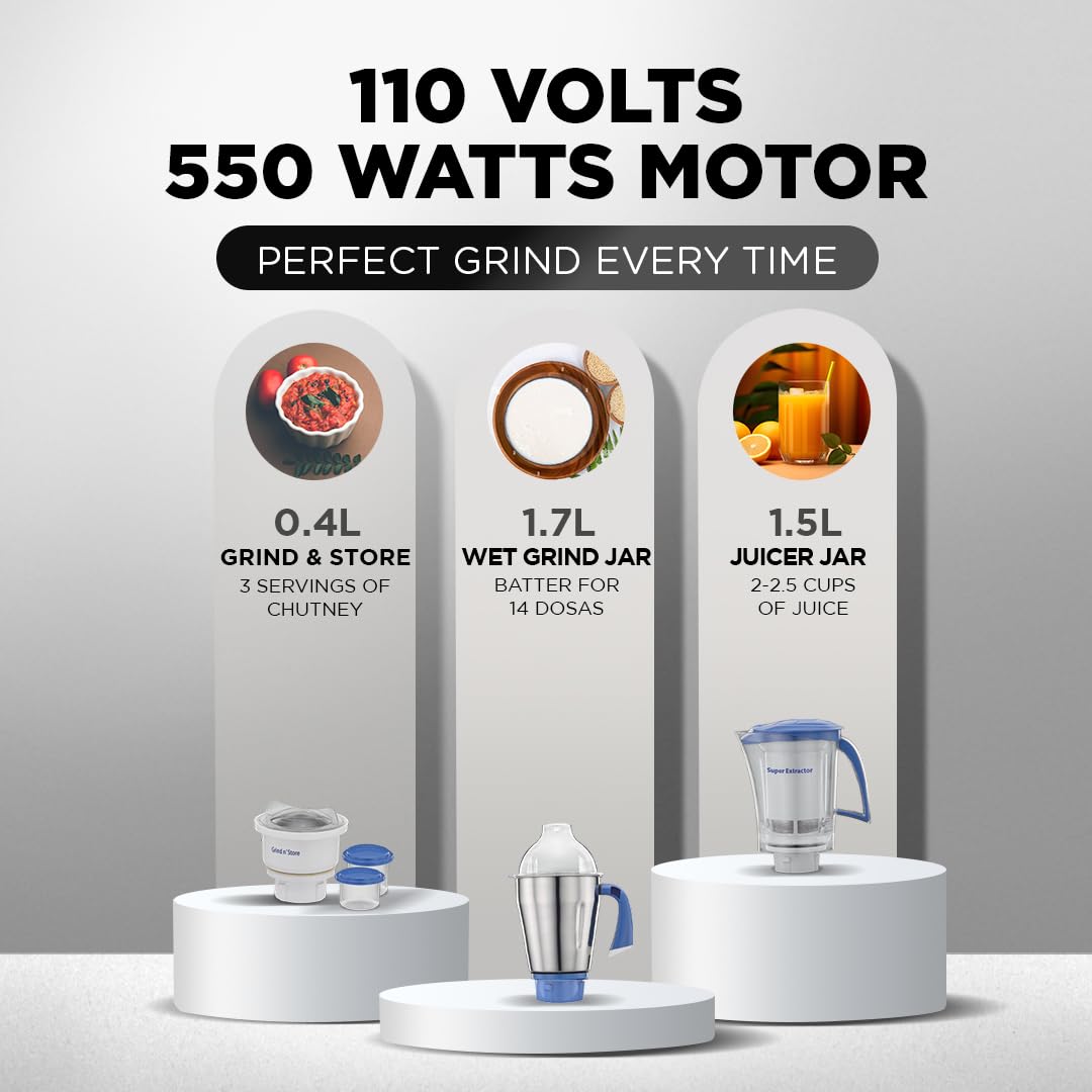 Preethi Platinum Mixer Grinder for Kitchen|110V, 550W, Mixie, 3 Jars | Super Extractor Juicer Jar with 2 Air-Tight Containers, White/Blue(MG-153)