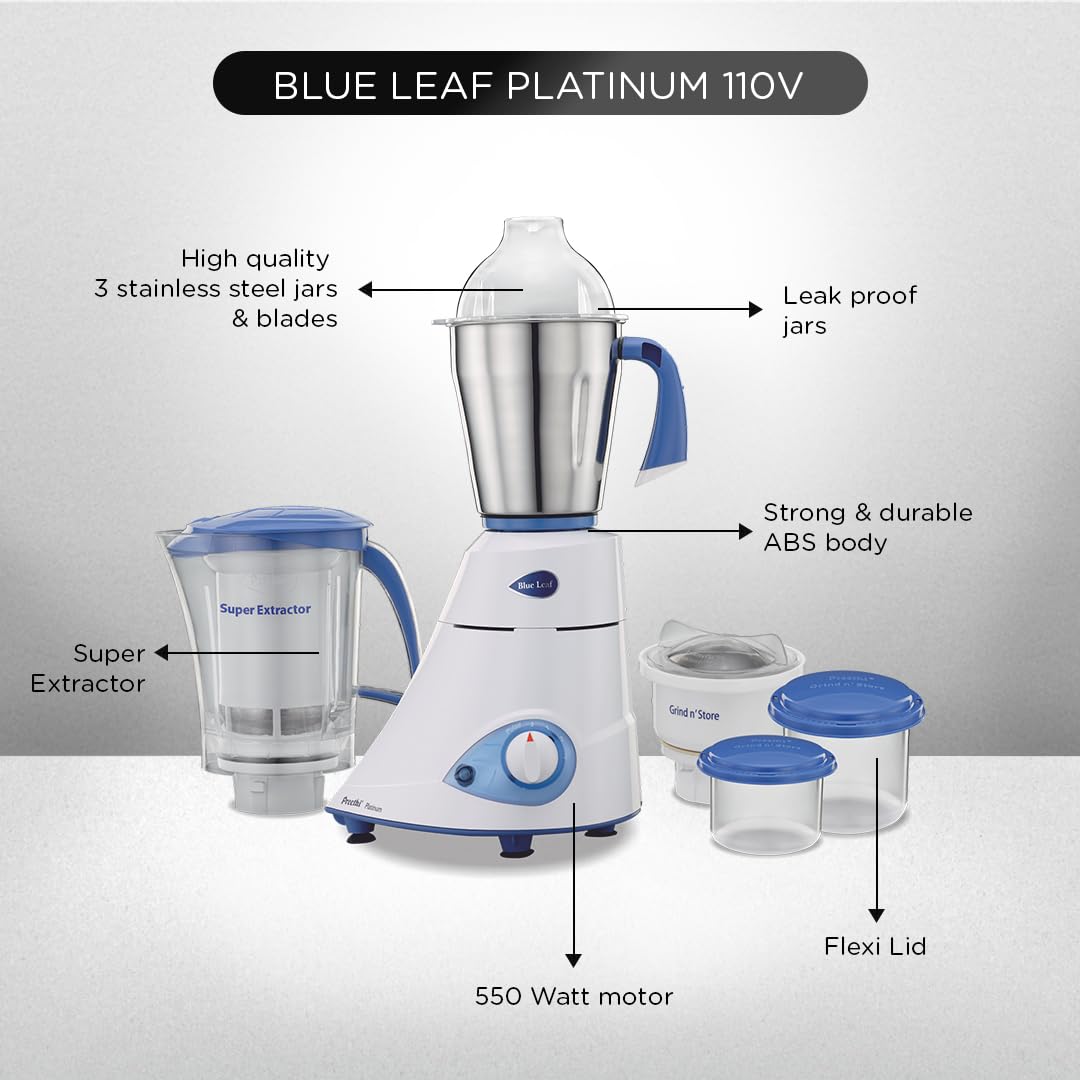 Preethi Platinum Mixer Grinder for Kitchen|110V, 550W, Mixie, 3 Jars | Super Extractor Juicer Jar with 2 Air-Tight Containers, White/Blue(MG-153)