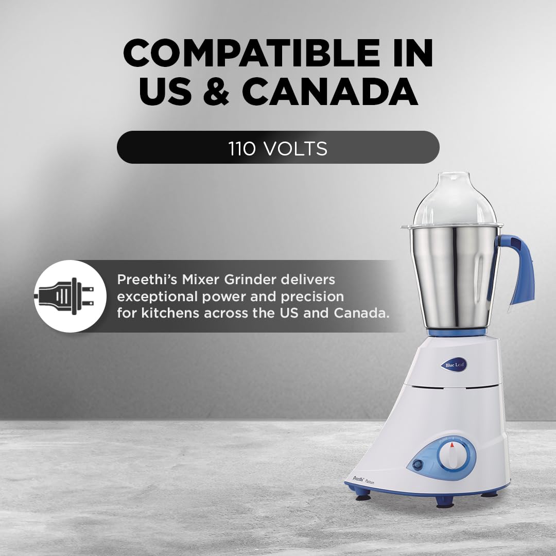 Preethi Platinum Mixer Grinder for Kitchen|110V, 550W, Mixie, 3 Jars | Super Extractor Juicer Jar with 2 Air-Tight Containers, White/Blue(MG-153)