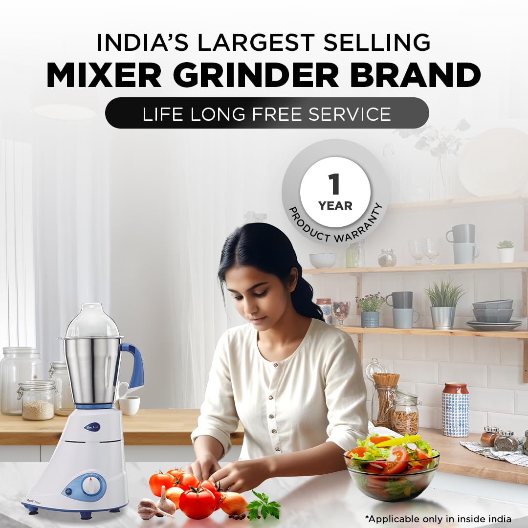 Preethi Platinum Mixer Grinder for Kitchen|110V, 550W, Mixie, 3 Jars | Super Extractor Juicer Jar with 2 Air-Tight Containers, White/Blue(MG-153)