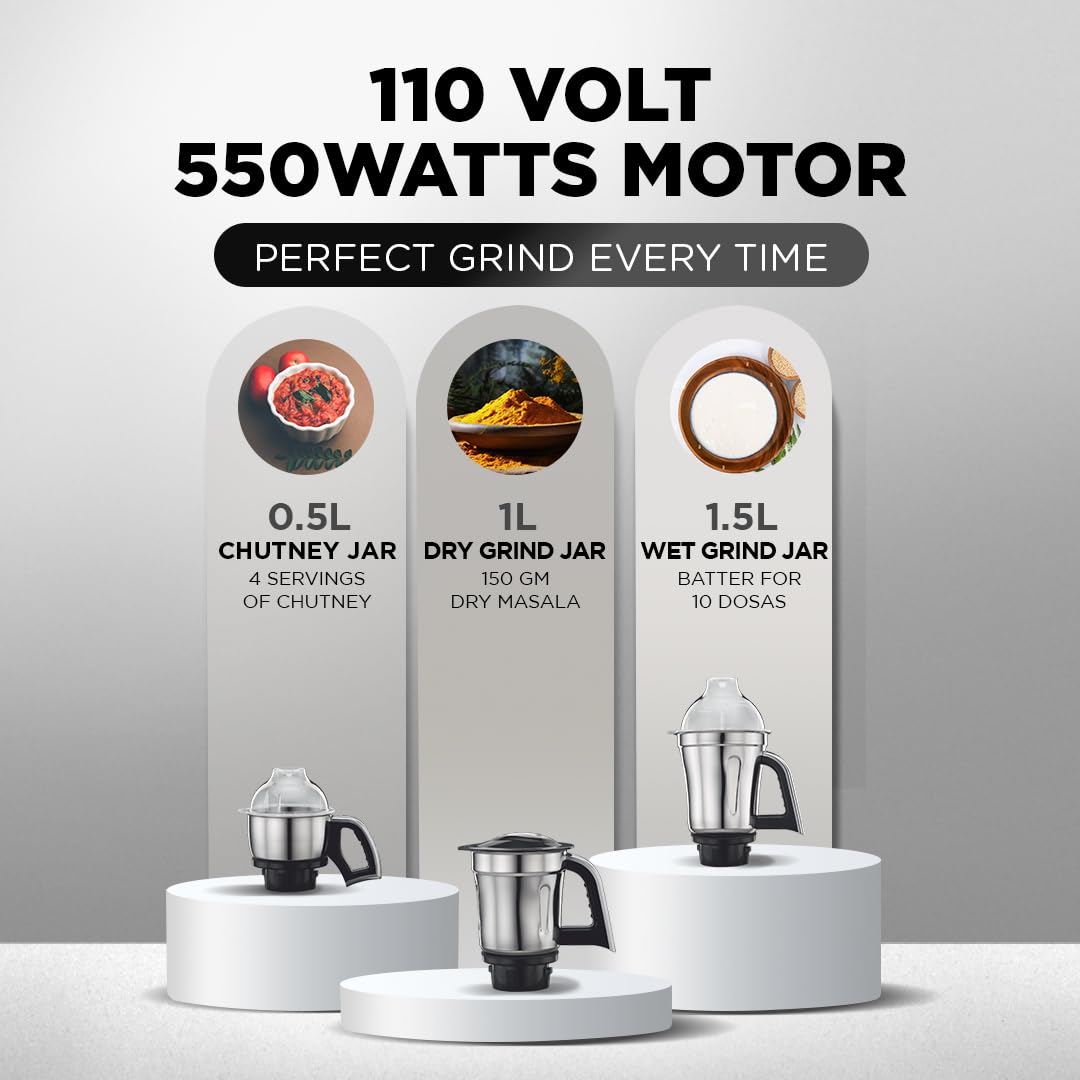 Preethi Steele 110V Mixer Grinder for Kitchen | 3 Jar, 550W Mixie| Perfect for Grinding | Silver/Black (MG 206)