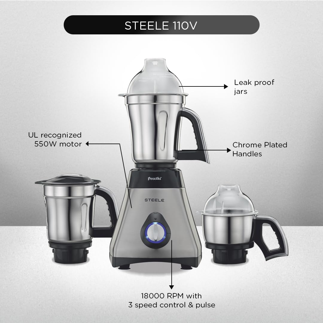 Preethi Steele 110V Mixer Grinder for Kitchen | 3 Jar, 550W Mixie| Perfect for Grinding | Silver/Black (MG 206)