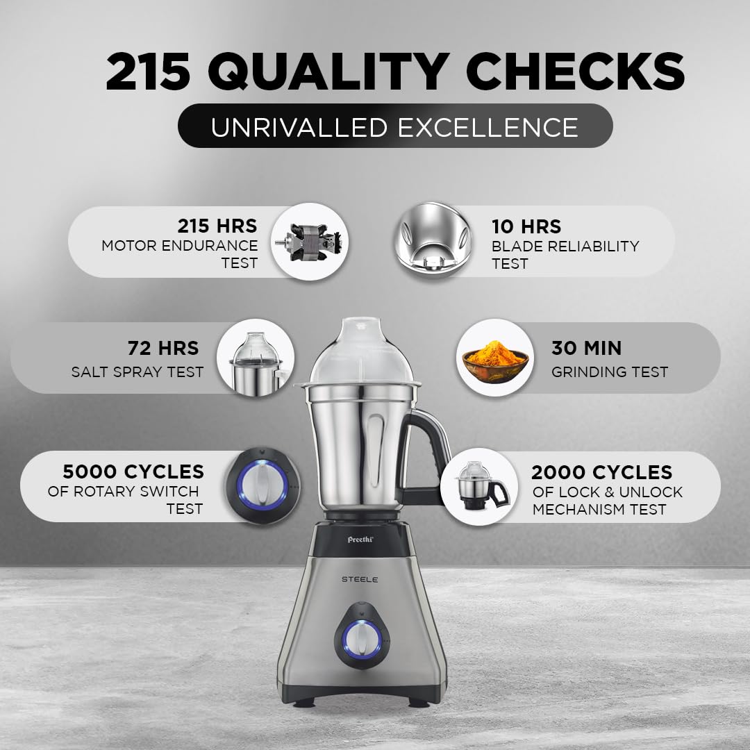 Preethi Steele 110V Mixer Grinder for Kitchen | 3 Jar, 550W Mixie| Perfect for Grinding | Silver/Black (MG 206)