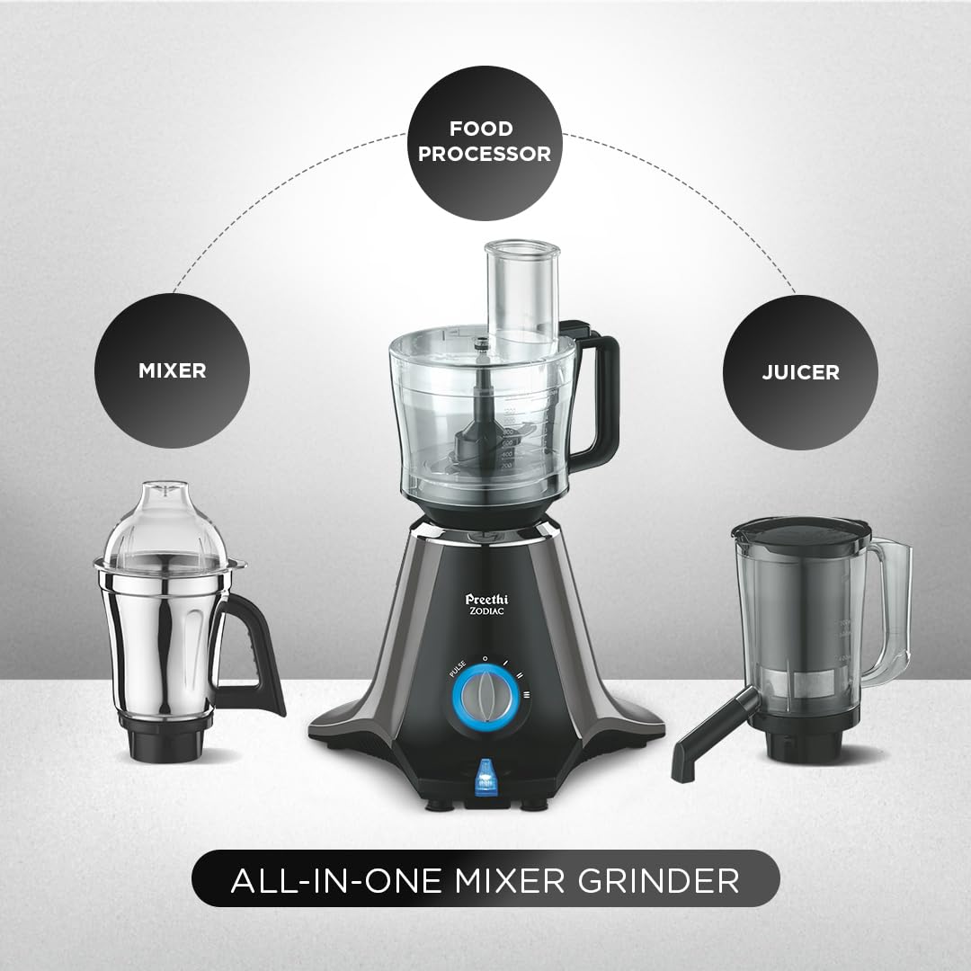Preethi Zodiac Mg-218 Mixer Grinder for Kitchen, 5 Jars 750 Watt Mixie (3 Stainless Steel Jars +1 Juicer Jar+1 Master Chef Plus Food Processor Jar),Black/Light Grey