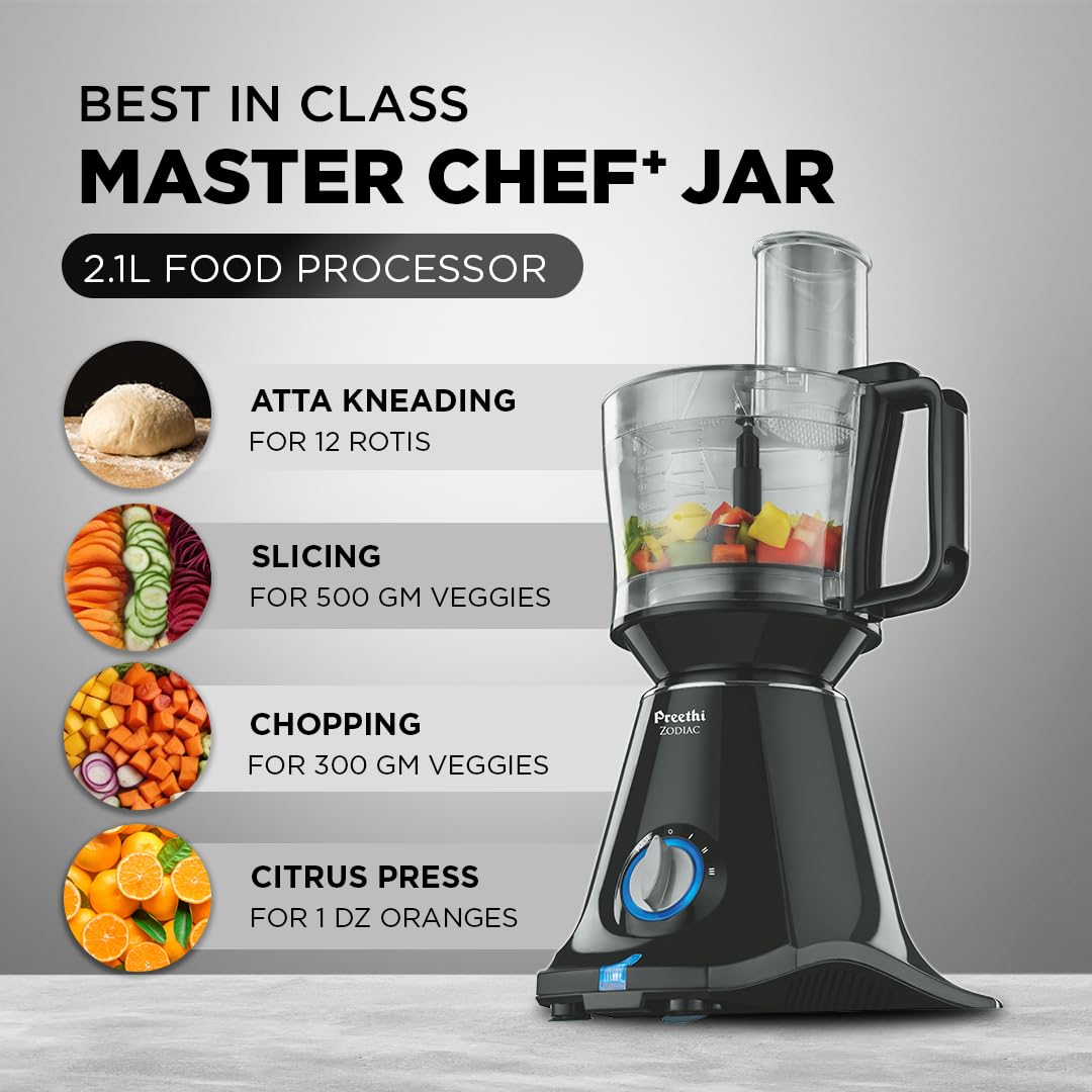 Preethi Zodiac Mg-218 Mixer Grinder for Kitchen, 5 Jars 750 Watt Mixie (3 Stainless Steel Jars +1 Juicer Jar+1 Master Chef Plus Food Processor Jar),Black/Light Grey