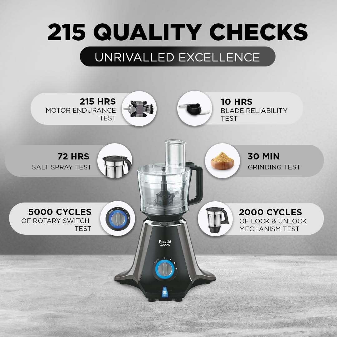 Preethi Zodiac Mg-218 Mixer Grinder for Kitchen, 5 Jars 750 Watt Mixie (3 Stainless Steel Jars +1 Juicer Jar+1 Master Chef Plus Food Processor Jar),Black/Light Grey