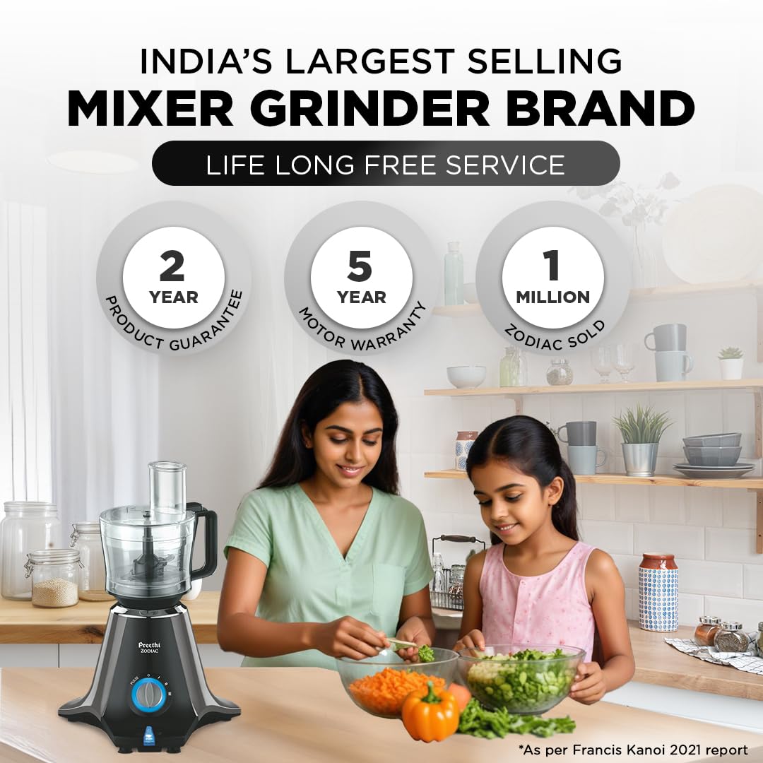 Preethi Zodiac Mg-218 Mixer Grinder for Kitchen, 5 Jars 750 Watt Mixie (3 Stainless Steel Jars +1 Juicer Jar+1 Master Chef Plus Food Processor Jar),Black/Light Grey