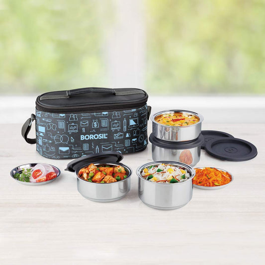 Borosil Carry Fresh Stainless Steel Lunchbox | 4pc Set (280 ml x 2 + 180 ml x 2) | Tiffin for Office, School & College with Food Grade Steel | Leakproof & Dishwasher Safe | 1 Year Warranty