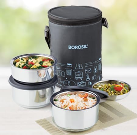 Borosil - Carry Fresh Stainless Steel Insulated Lunch Box Set of 3, (2pcs 280 ml + 1pcs 180 ml), Black