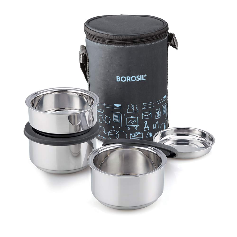 Borosil - Carry Fresh Stainless Steel Insulated Lunch Box Set of 3, (2pcs 280 ml + 1pcs 180 ml), Black