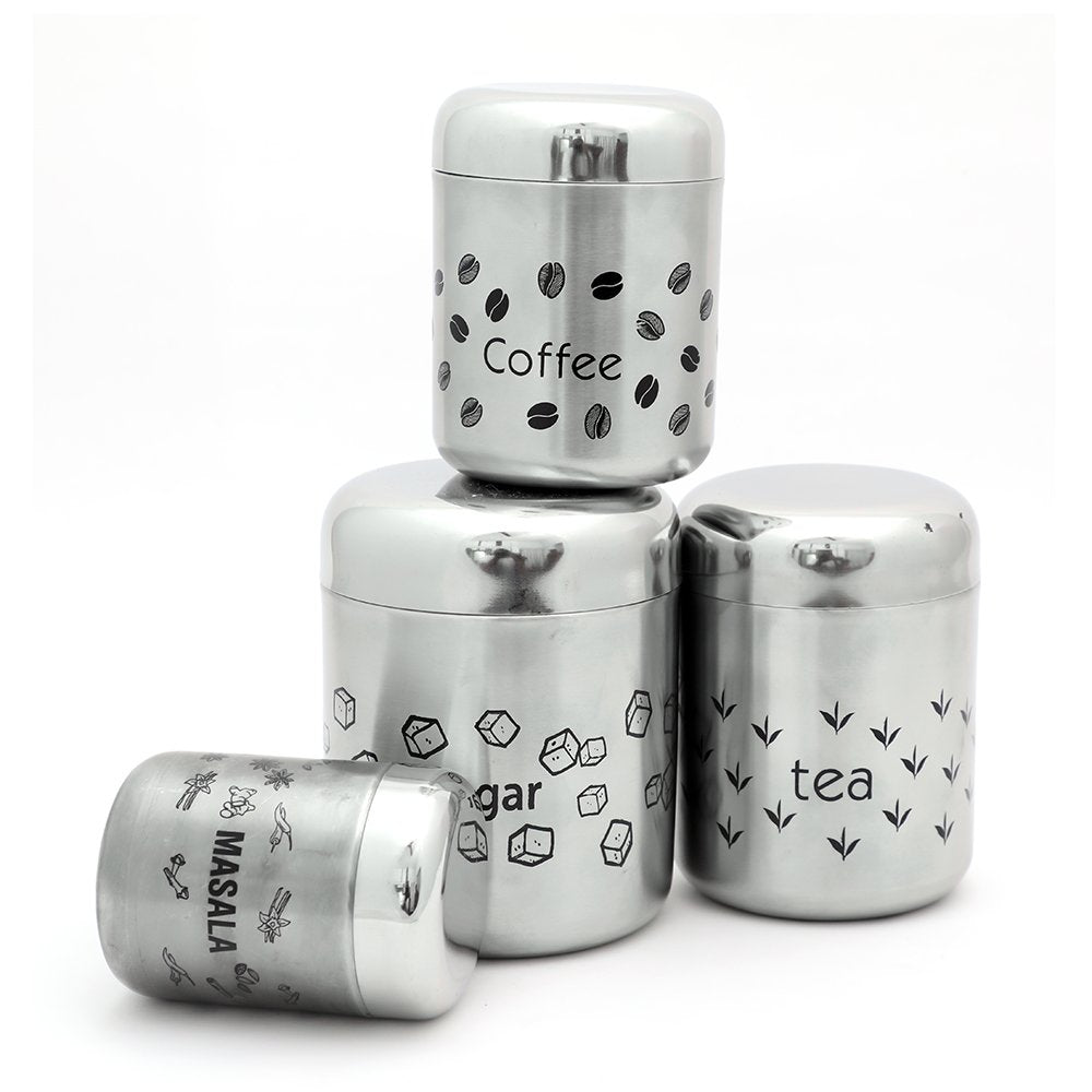Coconut Stainless Steel Multipurpose Kitchen Accessories Canisters/Container for Storage Tea Coffee Sugar & Masala (Matt Finish) - 4 PC Set