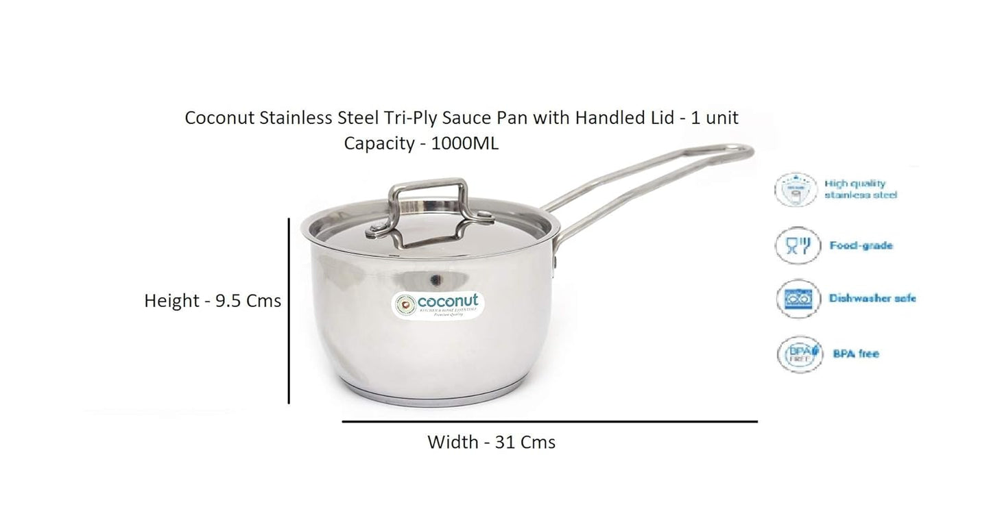 Coconut Triply Saucepan with Lid 1000 ML - 1 Unit - Triply Layer Sandwich Bottom - Gas and Induction Compactible
