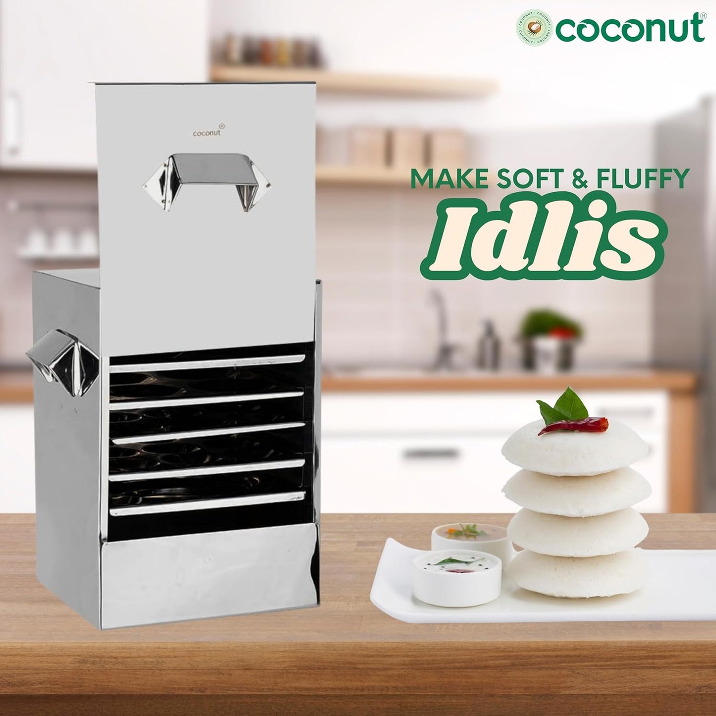 Coconut Stainless Steel - Trivia Idli Maker | Unique Rectangular Shape Idli Steamer For Home | Include 3 Regular, 2 Mini & 1 Tatte Idli Plate | Restaurant Type Soft & Fluffy Idli | Induction Base