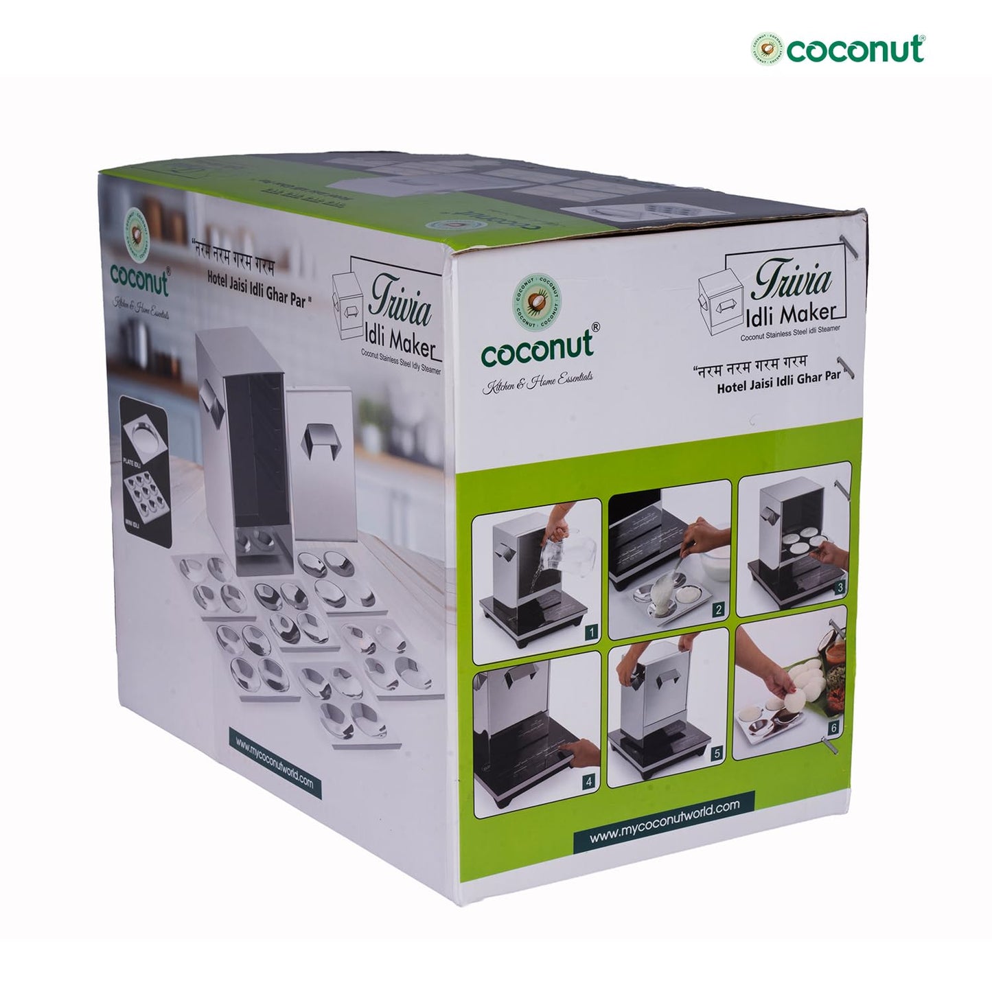 Coconut Stainless Steel - Trivia Idli Maker | Unique Rectangular Shape Idli Steamer For Home | Include 3 Regular, 2 Mini & 1 Tatte Idli Plate | Restaurant Type Soft & Fluffy Idli | Induction Base
