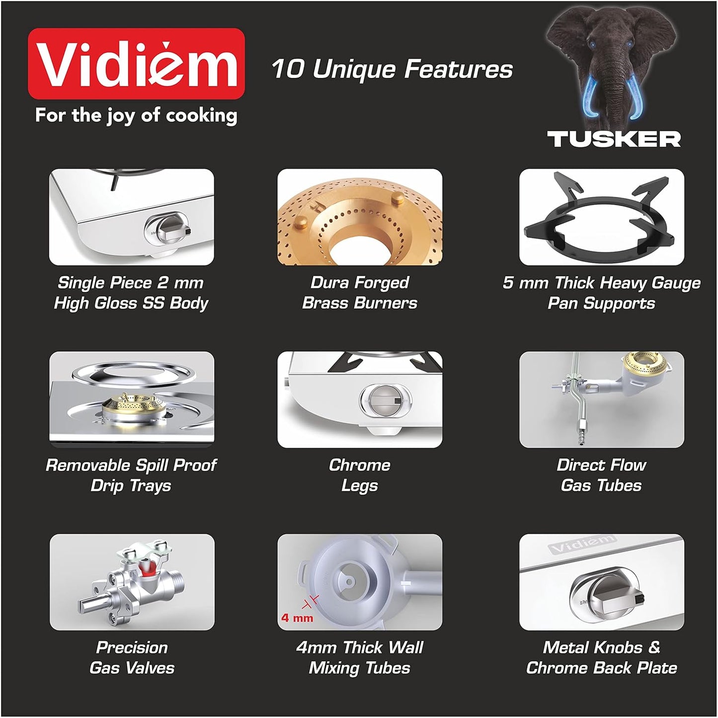 Vidiem Gas Stove S2 234 A Tusker (Silver) | Stainless Steel 2 Burner Gas Stove | Manual Ignition | Safety, Reliability, High Efficiency | ISI Certified