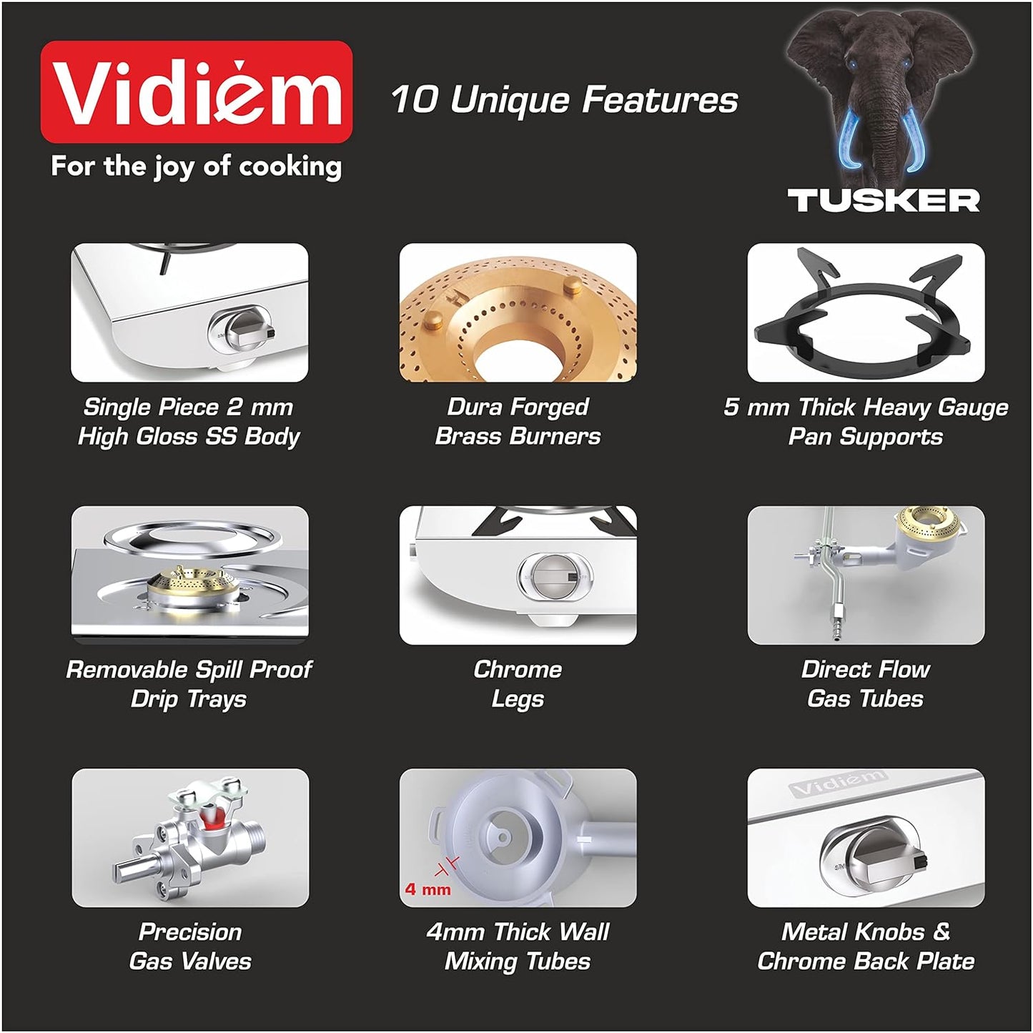 Vidiem Gas Stove S4 236 A Tusker (Black) | Stainless Steel 4 Burner frameless Gas Stove | Manual Ignition | Safety, Reliability, High Efficiency
